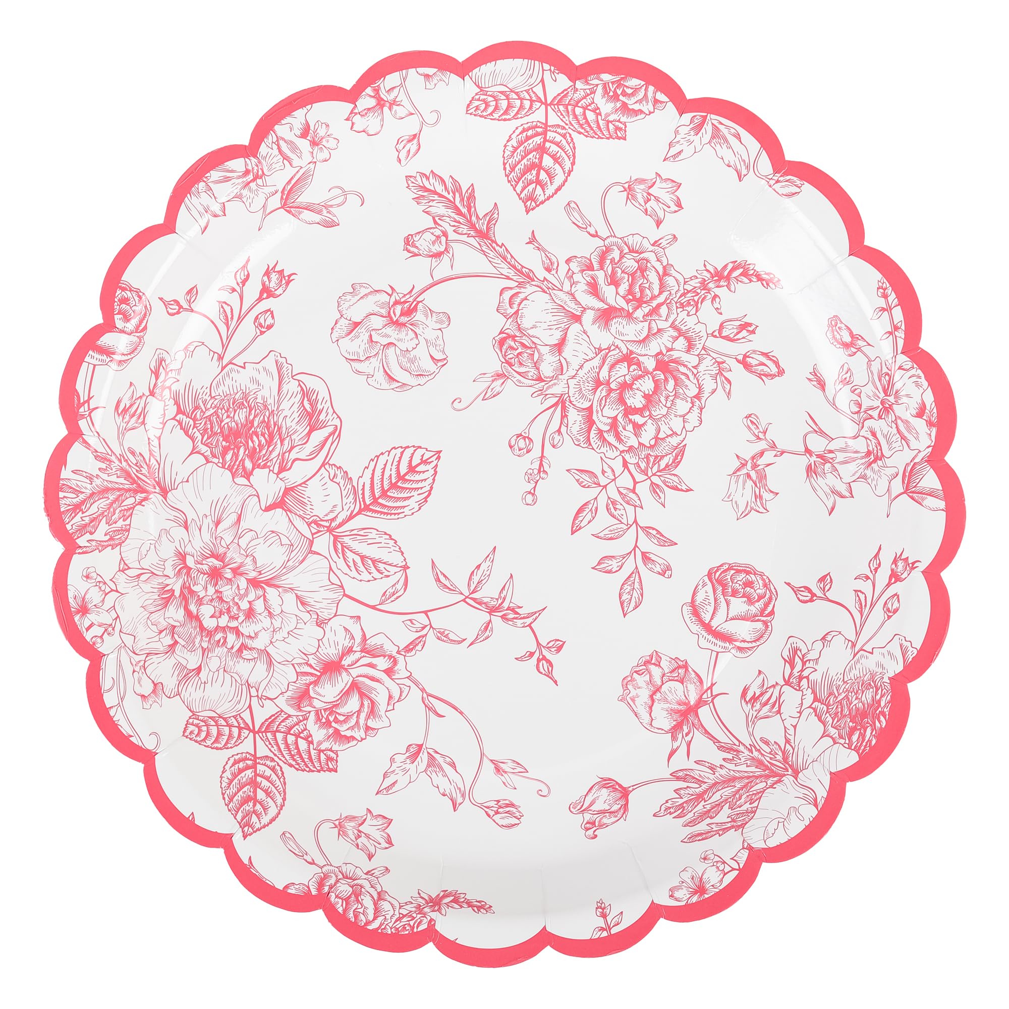 Elyxio Pink Floral Party Plates Floral Leaf Scalloped Disposable Paper Plates Pink And White Toile 9'' Dinner Plates For Valenti
