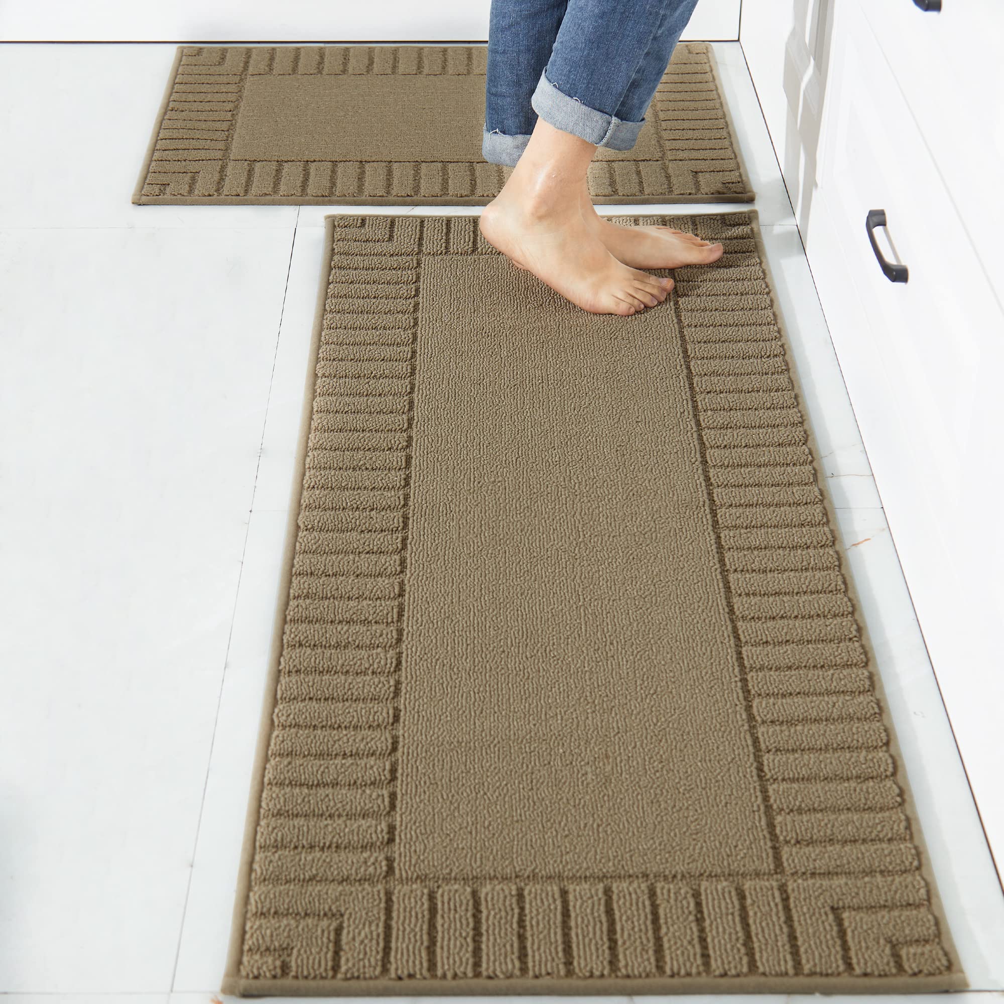 BEQHAUSE Kitchen-Rugs-and-Mats,Anti-Slip Kitchen Rugs,Machine Washable Kitchen Mats for Floor Taupe Comfortable Kitchen Mat Set 