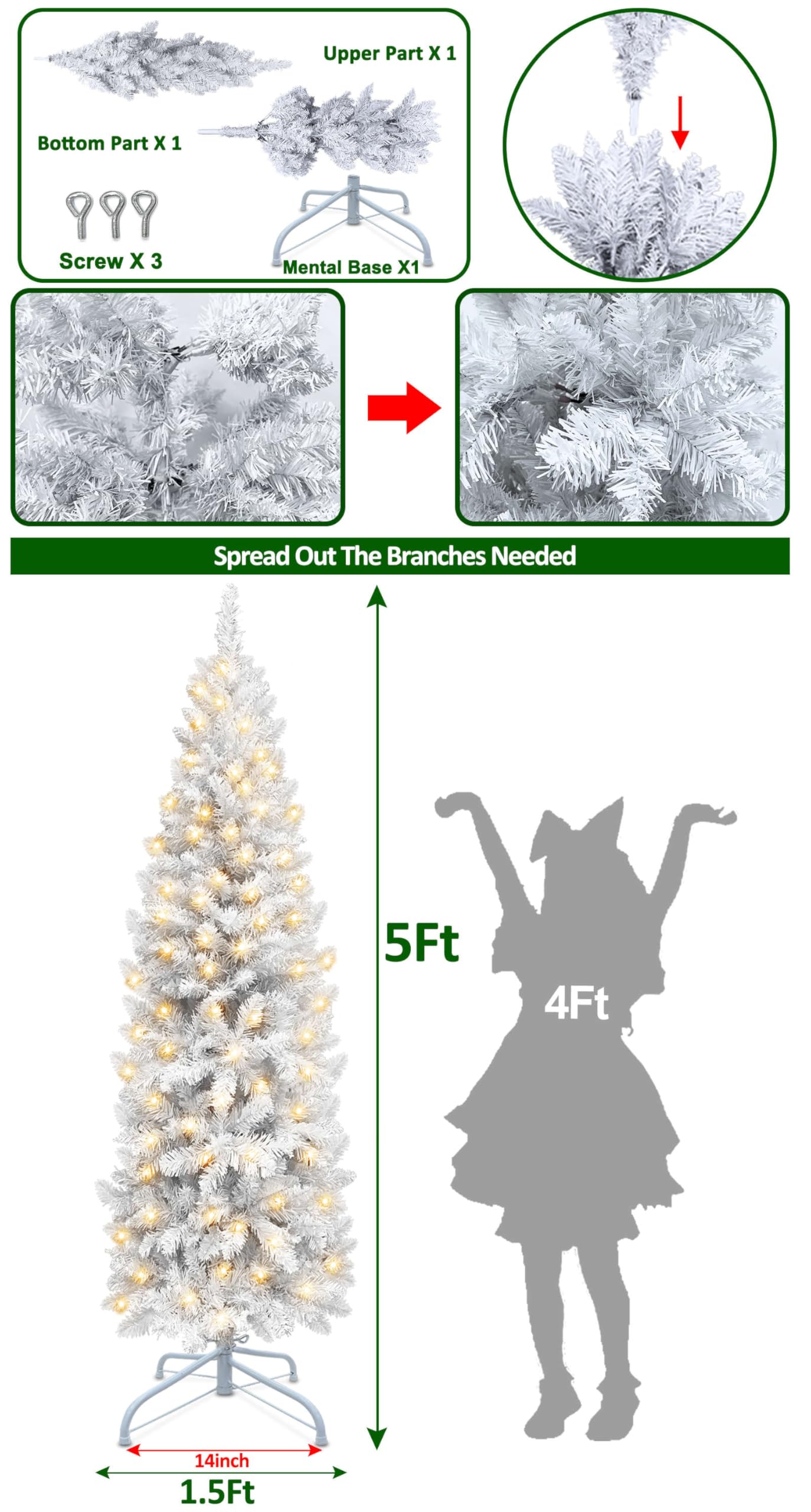 5 Ft Prelit White Pencil Artificial Christmas Tree with Timer 180 LED Warm White & Colorful Change Lights 8 Modes Plug in 550 Br