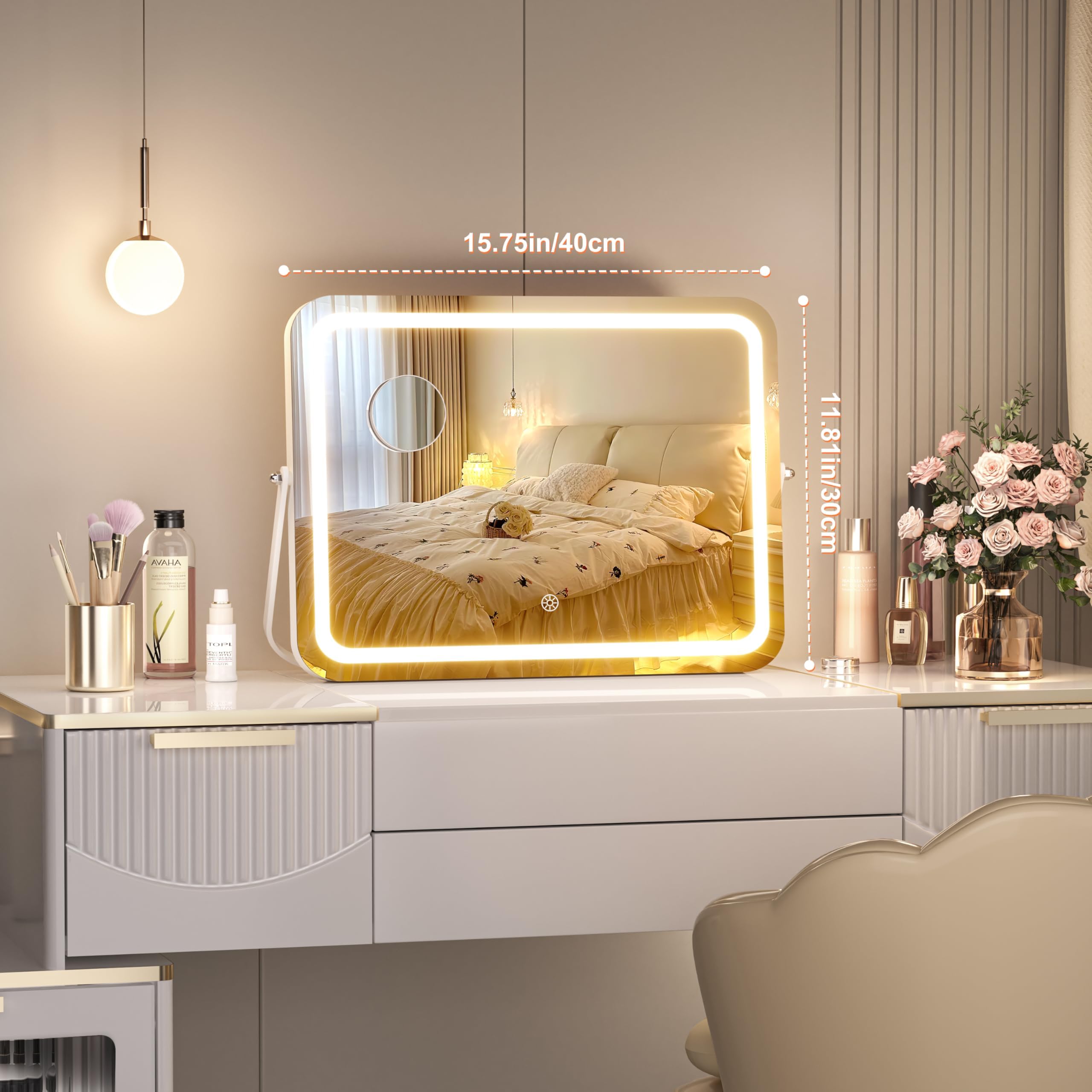 Hasipu Vanity Mirror With Lights, 16'' X 12'' Led Makeup Mirror, 3 Modes Light, Smart Touch Control Dimmable, 360Rotation, Recta