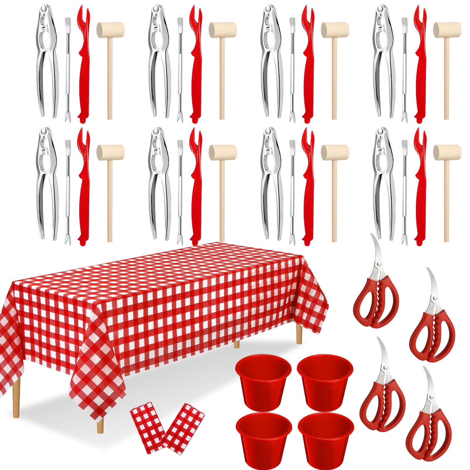 SmoothNovelty 42 Pcs Seafood Tools Set Seafood Boil Party Supplies, Tablecloth Crawfish Crackers Scissors Lobster Sheller Hammer