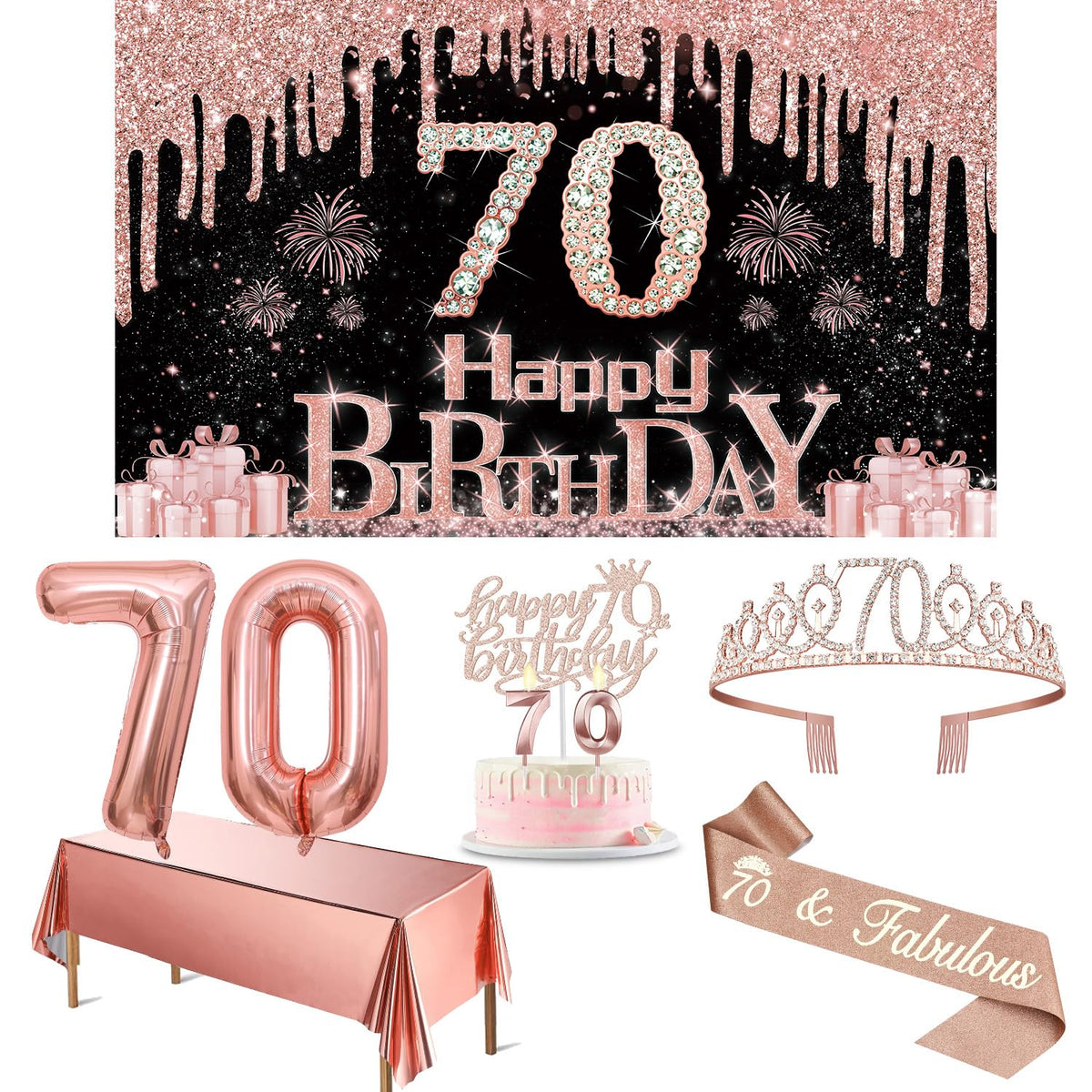 70Th Birthday Decorations For Women With Banner, Rose Gold Tablecloth, Number Balloons, 70Th Birthday Sash And Tiara, Cake Toppe