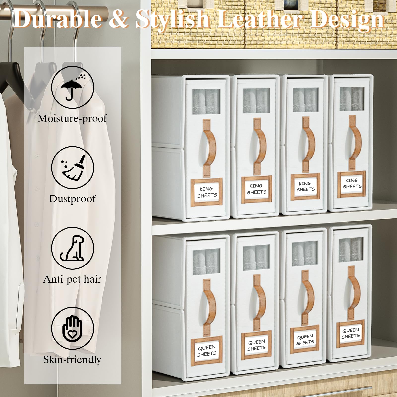 BigPonPon 3-Pack Foldable Bed Sheets Set Organizers and Storage(King & Queen Size),Linen Fabric Closet Organizers with Leather H