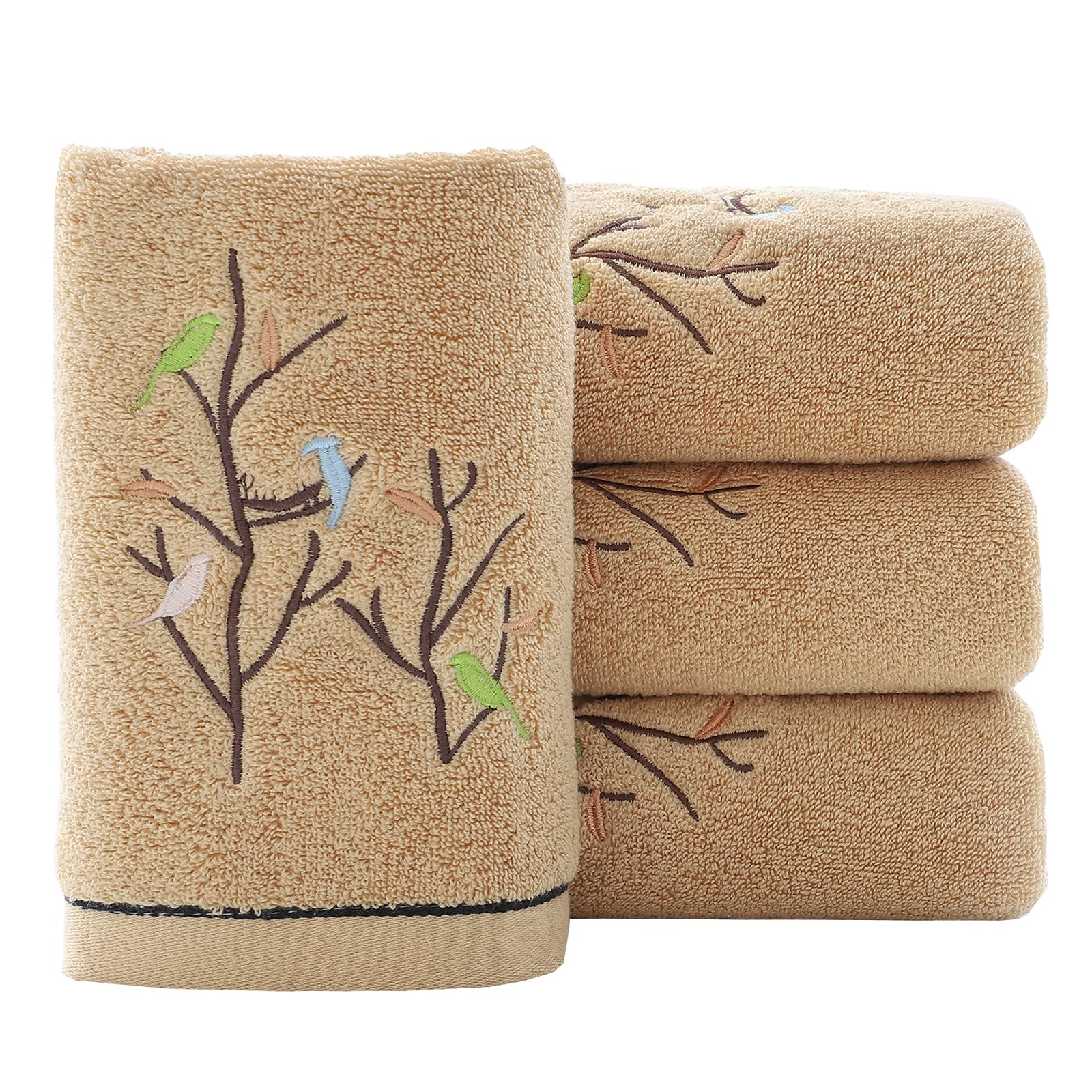 Pidada Hand Towels Set of 4 Embroidered Bird Tree Pattern 100% Cotton Absorbent Soft Decorative Towel for Bathroom (Brown)