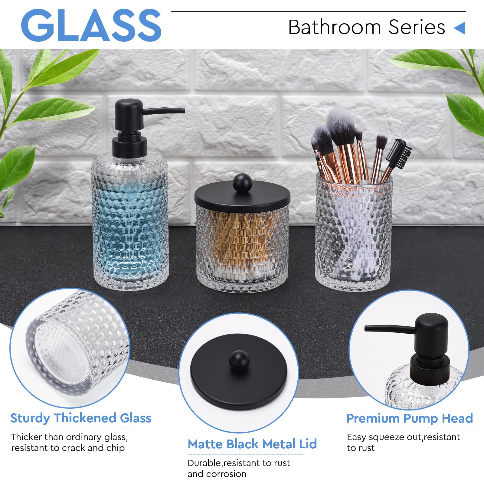 Bathroom Accessory Set,4 Pcs Clear Glass Bathroom Accessories Set-Lotion Soap Dispenser,Toothbrush Holder,Qtip Holder Dispenser