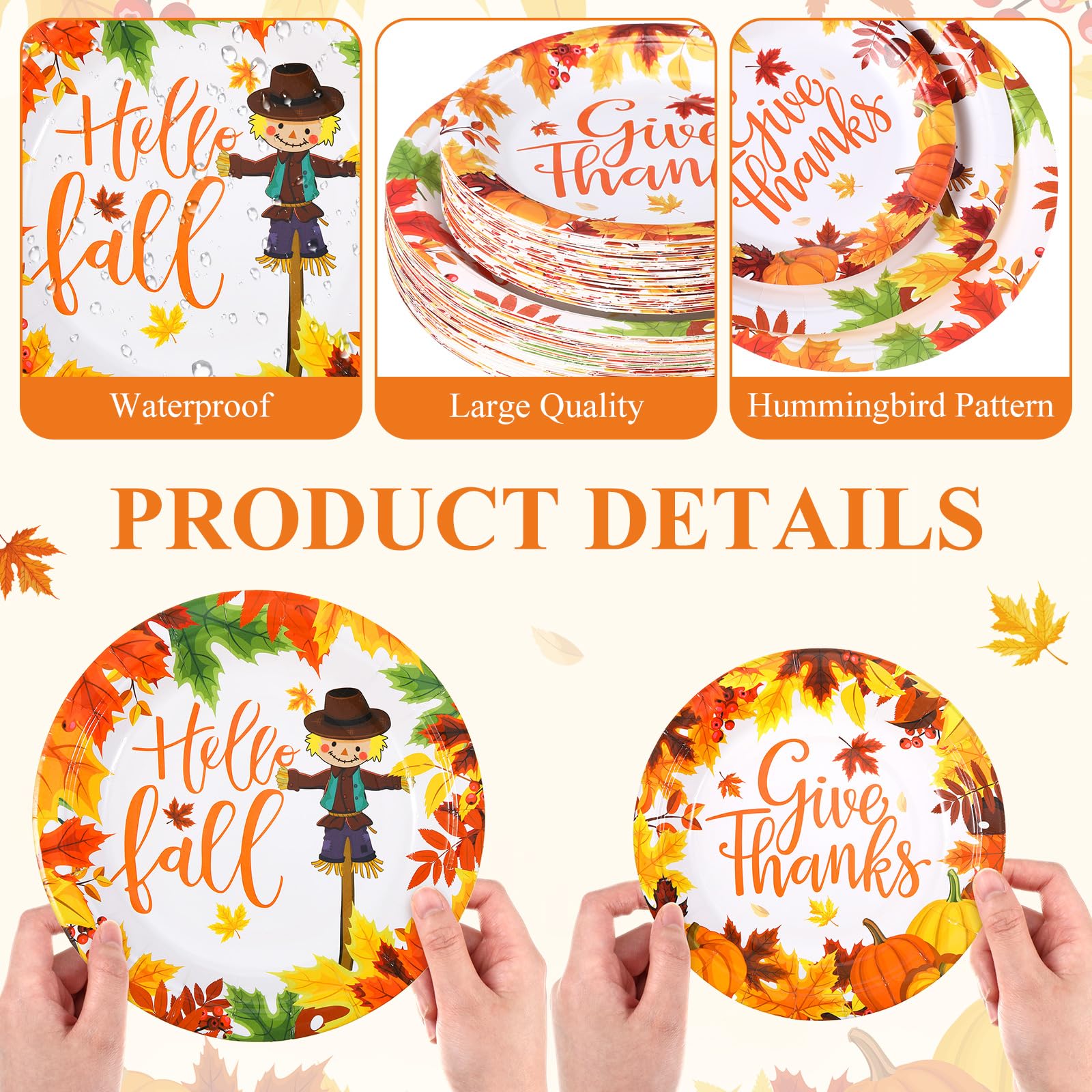 Funnymoom 200 Pcs Fall Thanksgiving Tableware Give Thanks Hello Fall Pumpkins Disposable Paper Dinner Dessert Plates Maple Leave