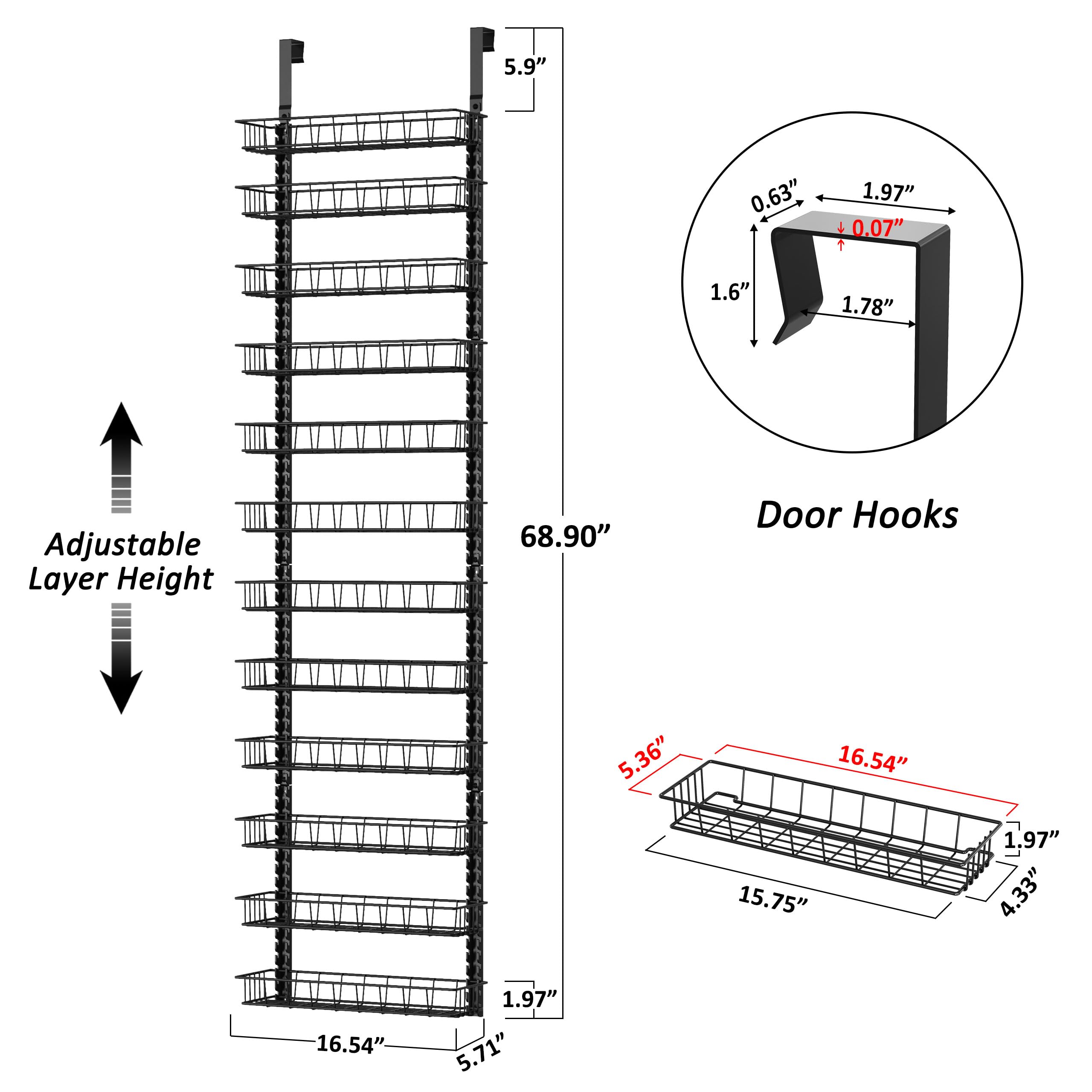 Churboro Over the Door Pantry Organizer Rack with 12 Adjustable Baskets, 12 Tiers Dual-use Spice Rack- Hanging or Wall Mount Spi