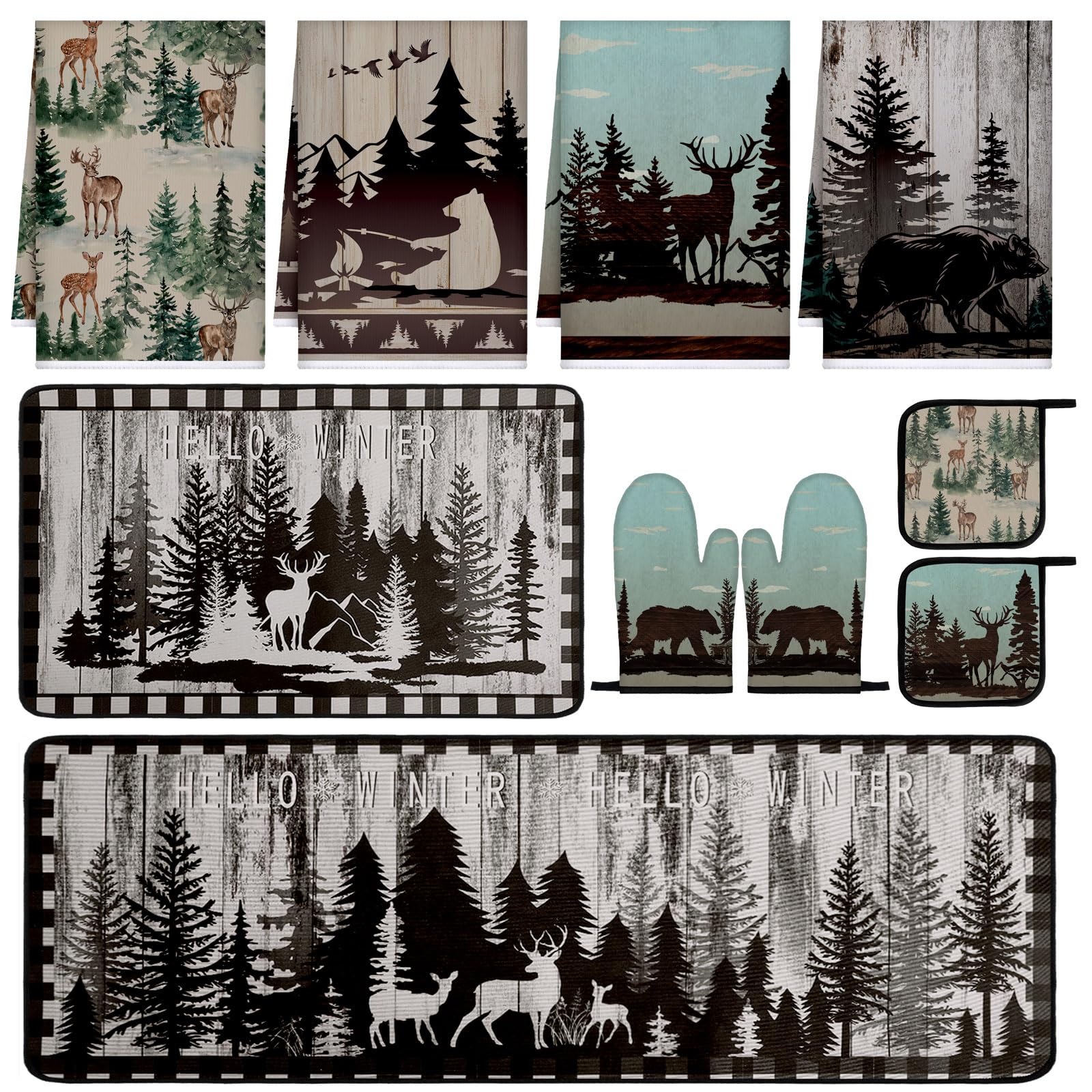 Fourluoo 10 Pcs Kitchen Dish Towels Rugs Oven Mitts and Pot Holders Set Farmhouse Kitchen Decor Set for Women Mom Daughter Gift 