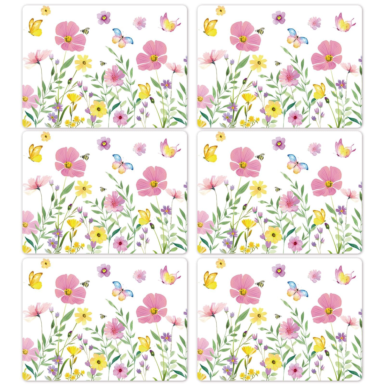 Spring Floral Butterfly Placemats Set of 6 Flower Summer Plastic Table Mats Wildflower Place Mats Washable Vinyl Rustic Holiday 