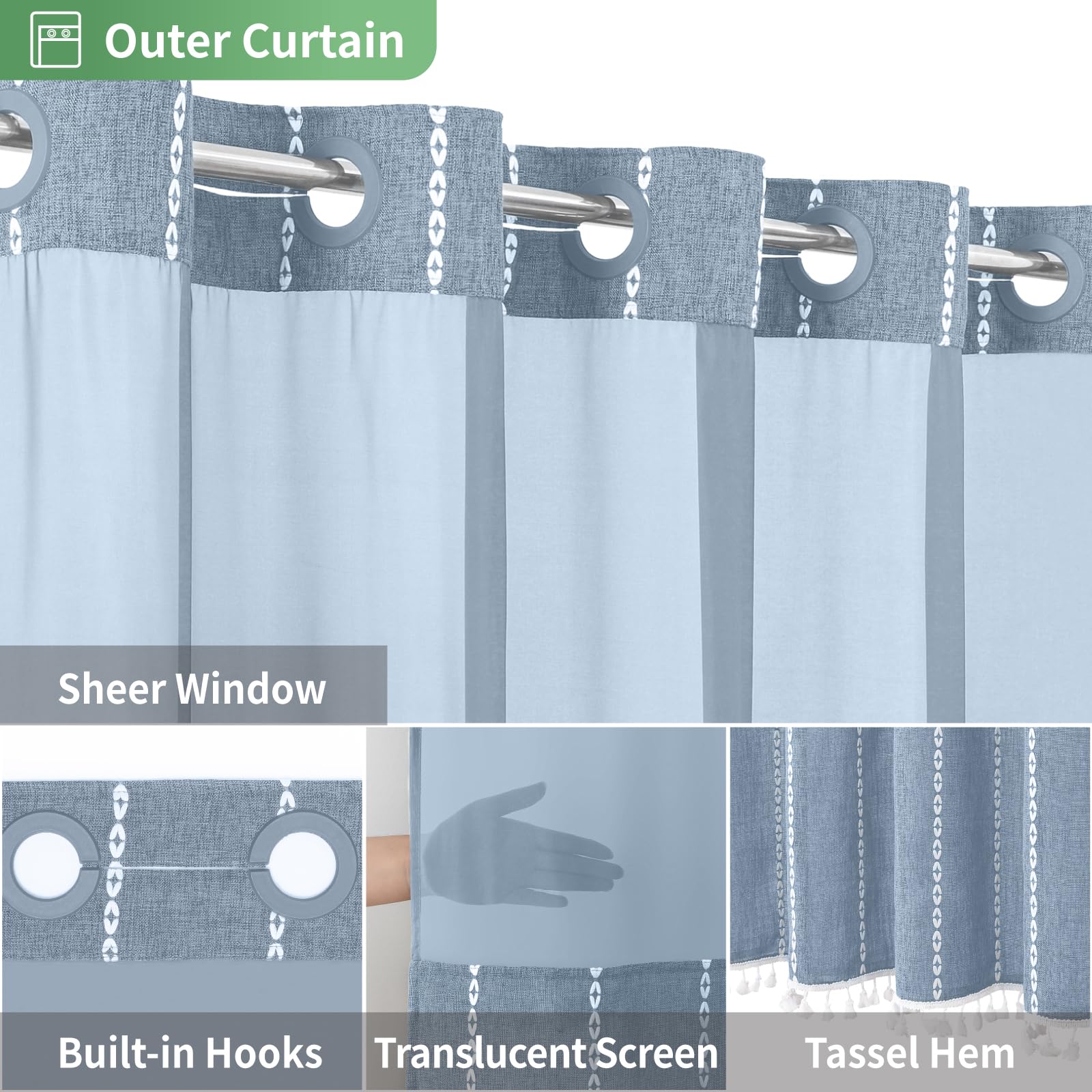 Eachope Boho Farmhouse No Hook Shower Curtain Set With Snap-In Fabric Liner,Heavy-Duty Linen Textured Rustic Striped Design,Wate