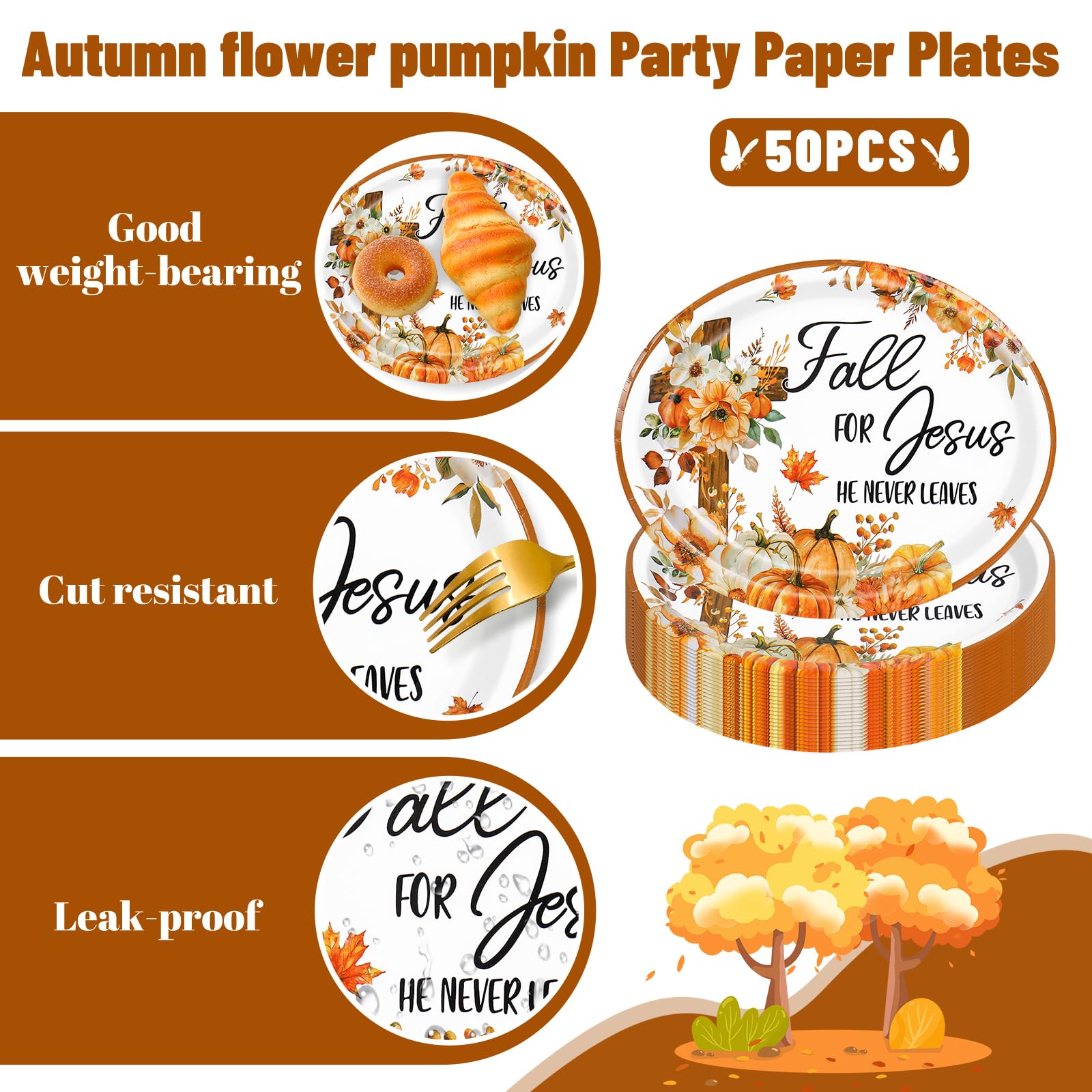 50 Pcs Fall Oval Paper Plates Pumpkin Floral Cross Disposable Dinner Plates for Autumn Thanksgiving Harvest Party Supplies