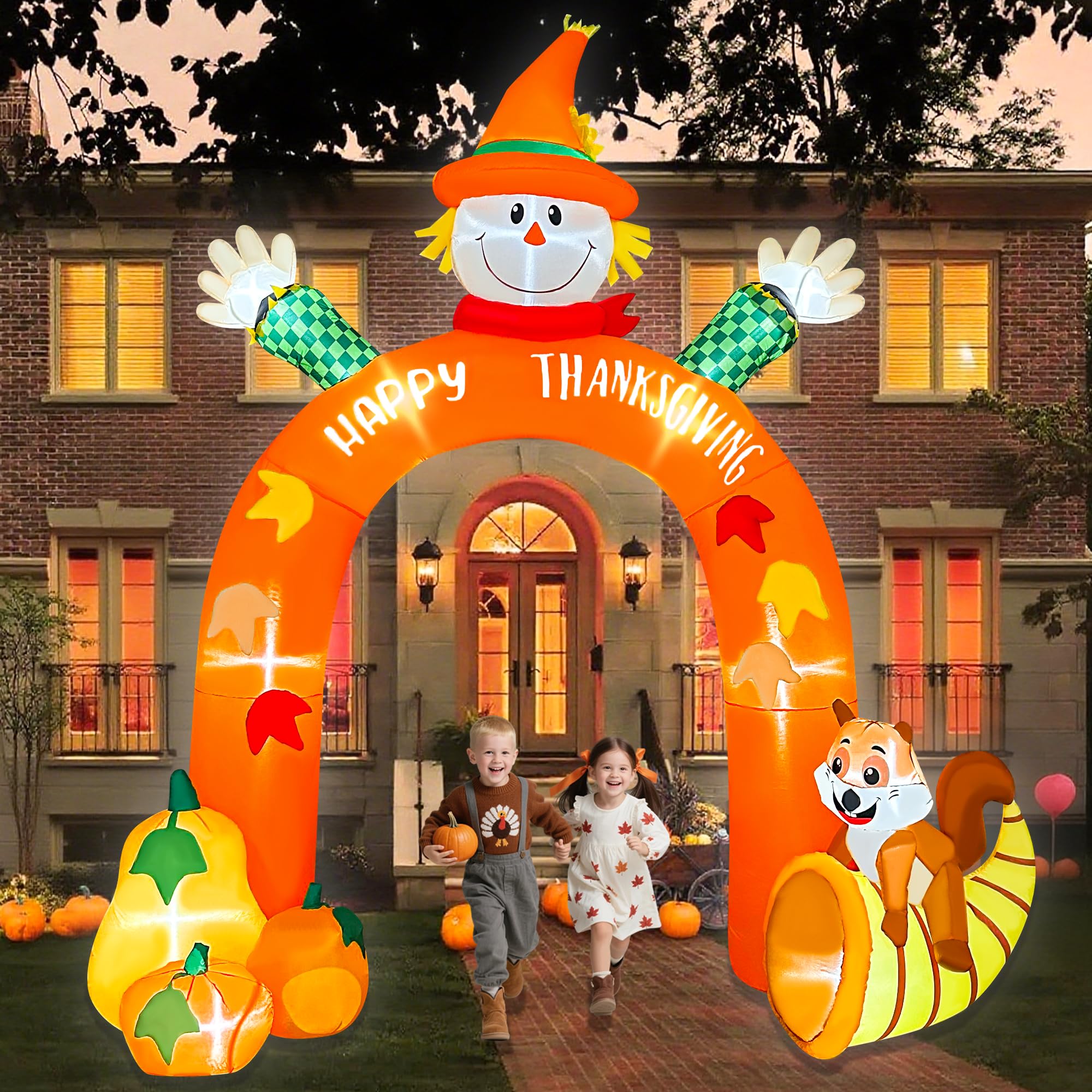 BLOWOUT FUN Thanksgiving Inflatables,10 FT Giant Inflatable Scarecrow Arch with Squirrel Pumpkins Built-in LEDs Thanksgiving Blo