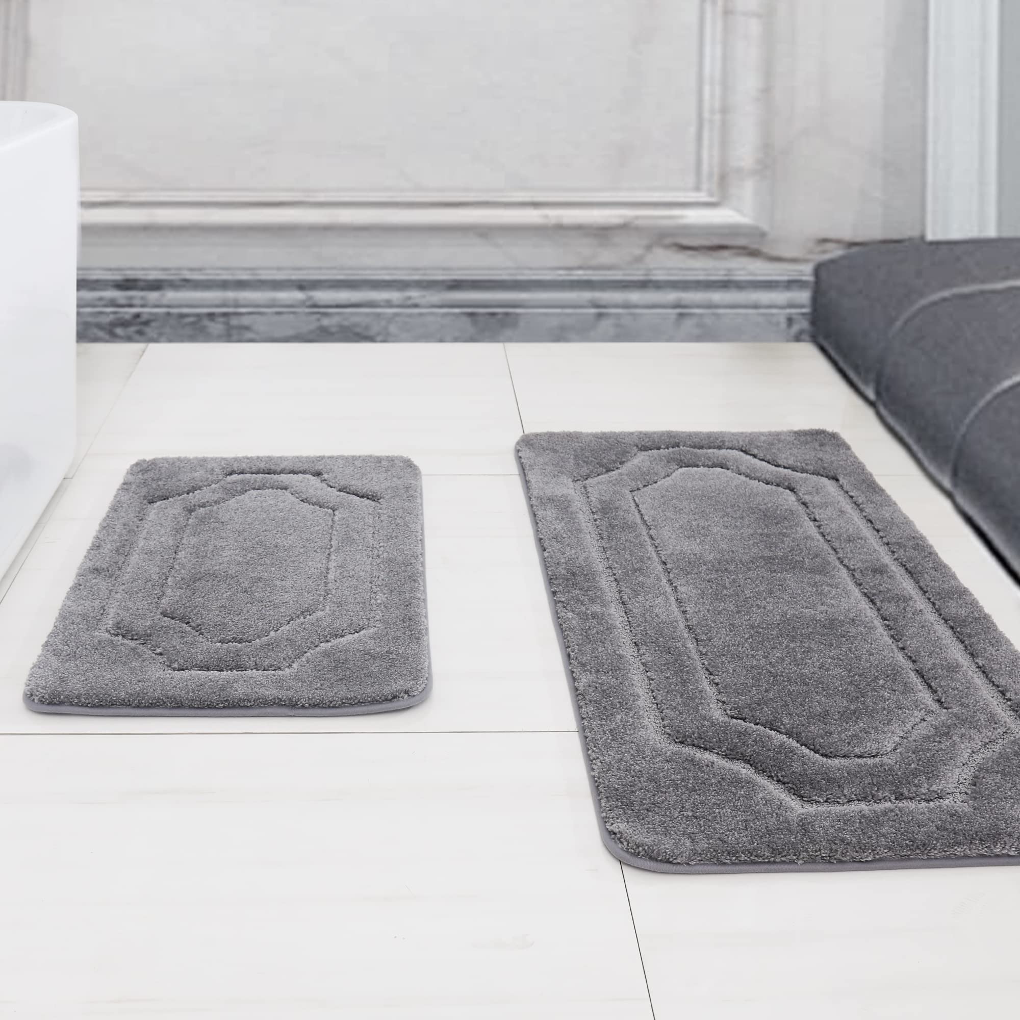 BEQHAUSE-Bathroom-Rugs-Soft& Absorbent-Non-Slip-Bath Mats for Bathroom Polyester Bath Mat Machine Washable Bathroom Carpet Grey Thick Shower Mat for Bathroom  Bathtub and Sink 16''x24''