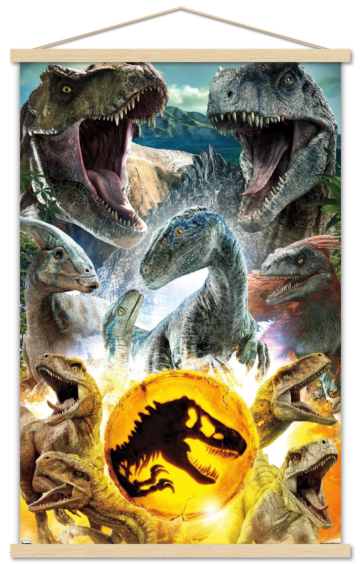 Trends International Jurassic World: Dominion - Group Wall Poster, 22.375'' X 34'', Print And Beechwood Hanger Bundle