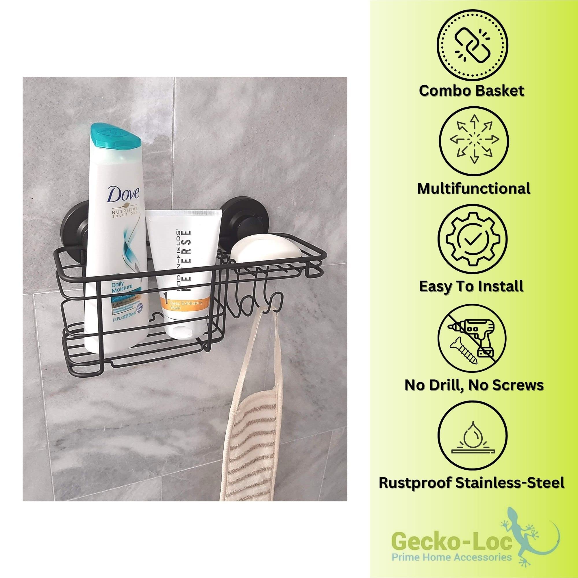 Gecko-Loc Combo Shower Caddy Organizer Vacuum Suction Cup Mount Metal Basket Shampoo Soap Dish Holder Rack With Hooks Bronze Bat