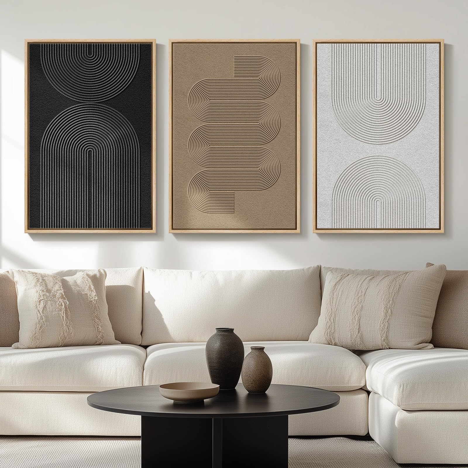 Large Framed Black And White Neutral Abstract Wall Art For Living Room, 3 Piece Boho Canvas Prints Paintings Artwork For Walls, 