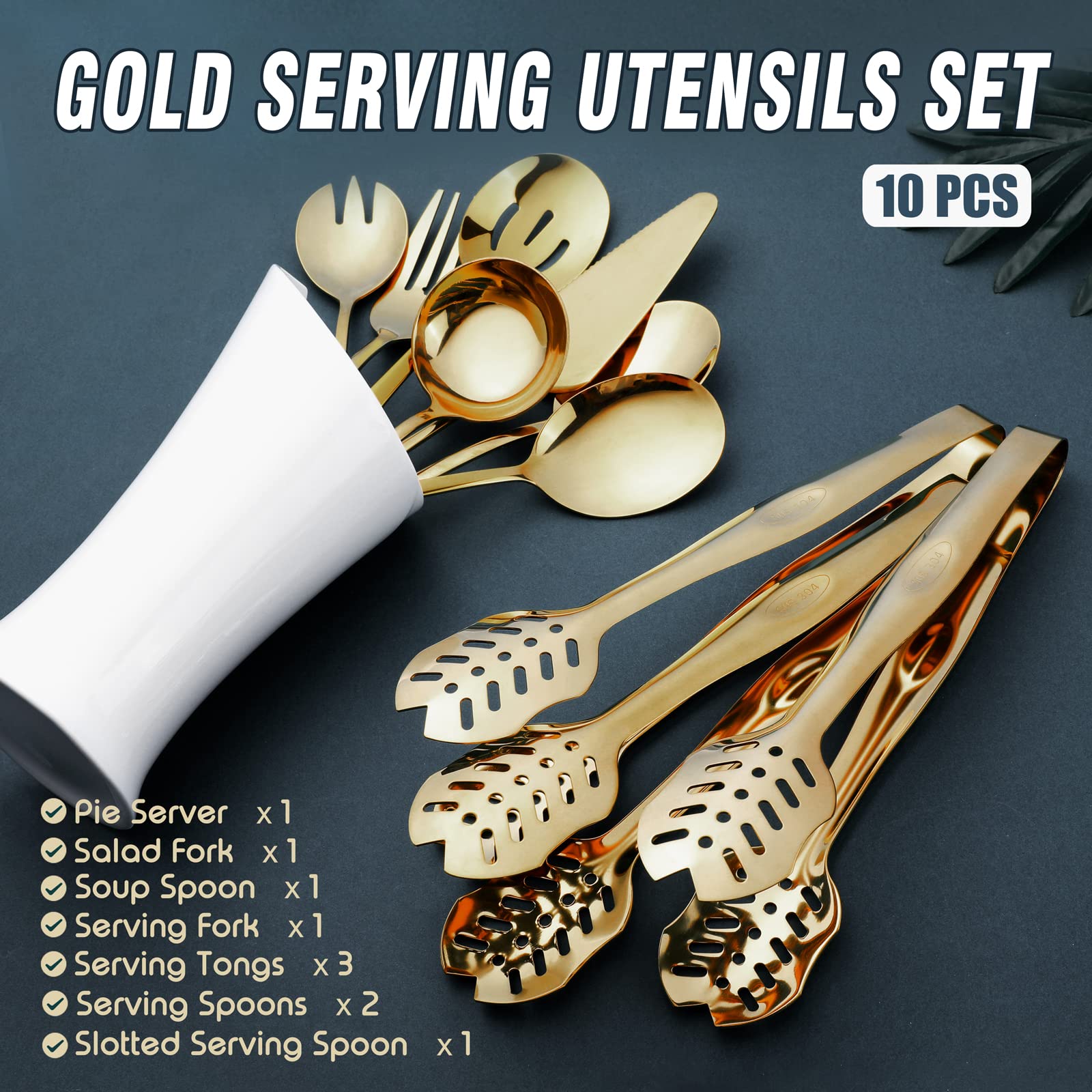 Gold Serving Utensils, Ogori 10-Piece Polished Stainless Steel Gold Serving Utensils Set Include Serving Spoons, Slotted Serving