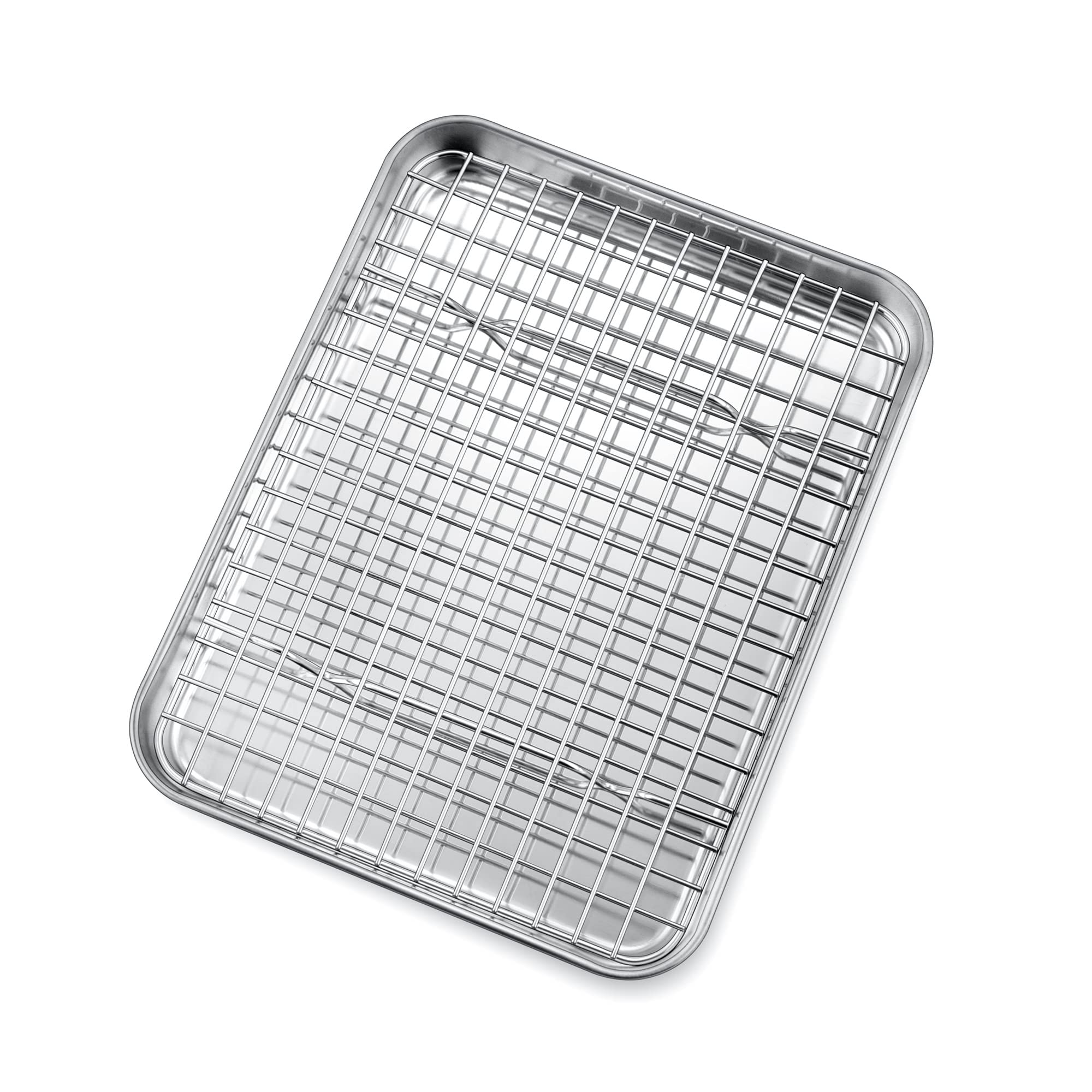 10.4 Inch Toaster Oven Pan With Rack Set, P&P Chef Stainless Steel Small Baking Pan Tray And Grid Cooling Rack For Cooking/Roast