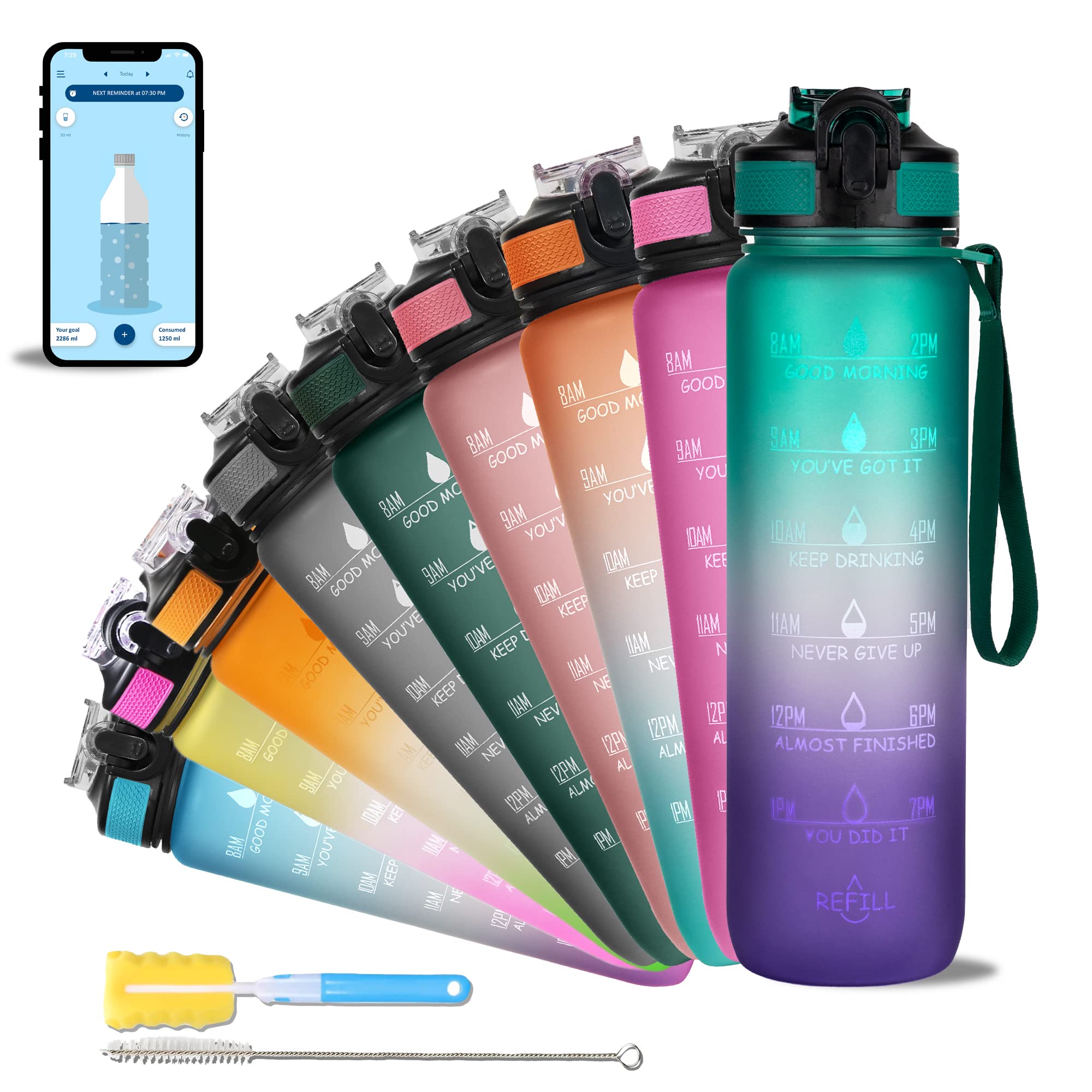 SOLARA Unbreakable Silicone Water Bottle 1 Litre with Motivational Time Marker, Leakproof Durable BPA Free NonToxic Bottle for 