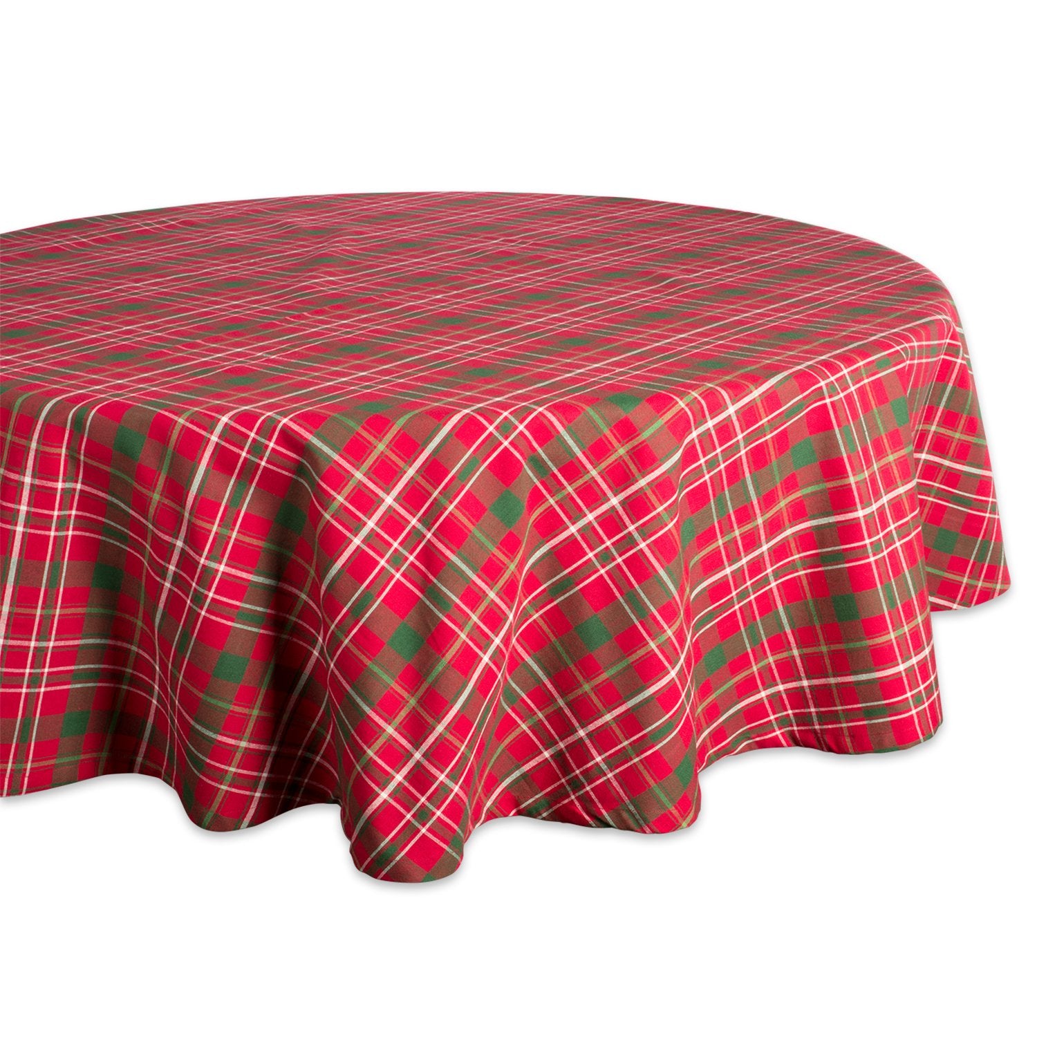DII Holiday Dining Table Linen Collection Tartan Holly Plaid, Round Christmas Tablecloth, 70 Round, Red & Green