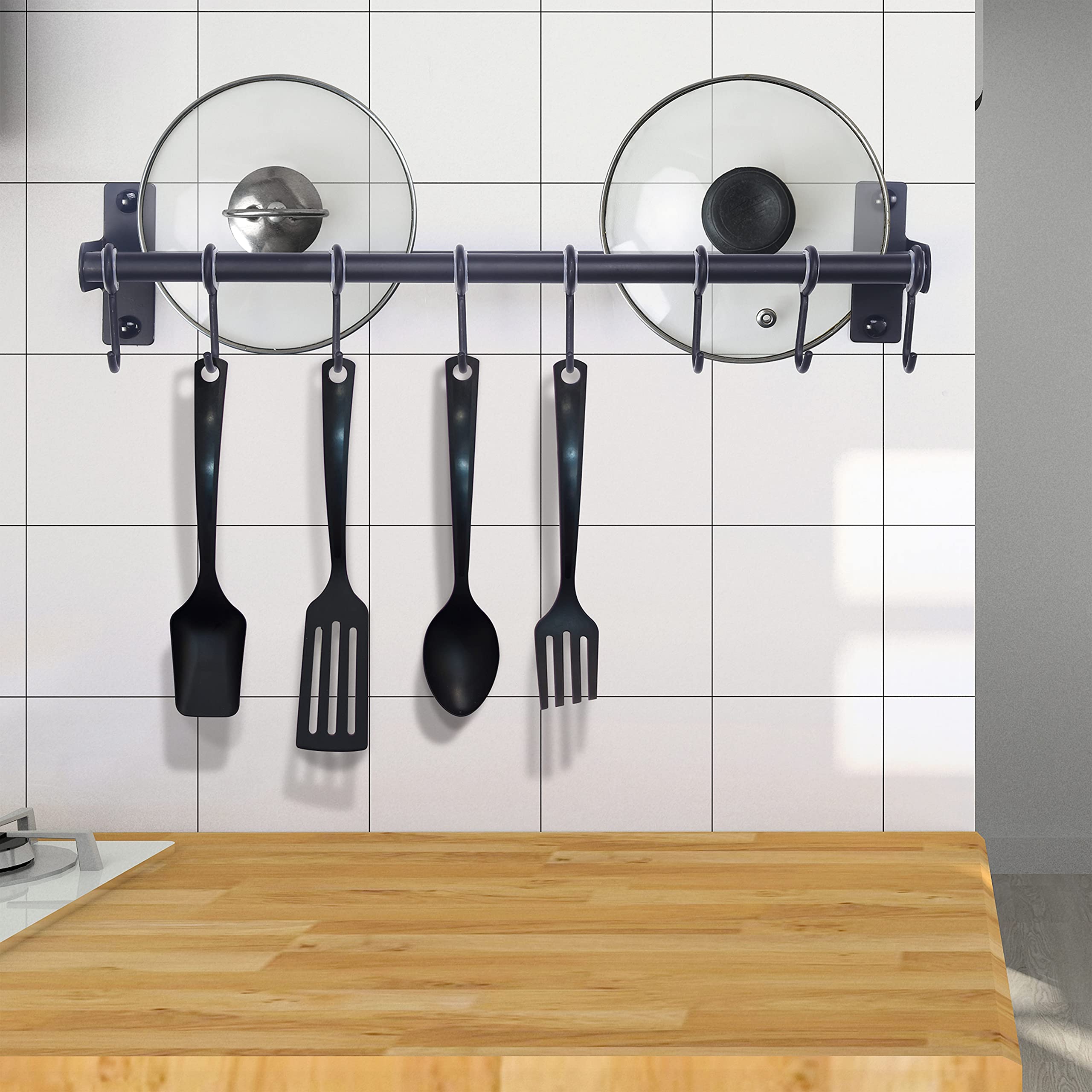 Dseap Pot Rack - Wall Mounted Stainless Steel Hanging Rack with 8 Hooks, Black, Pack of 2, Model GJ-SGAN-BLK-8G2P
