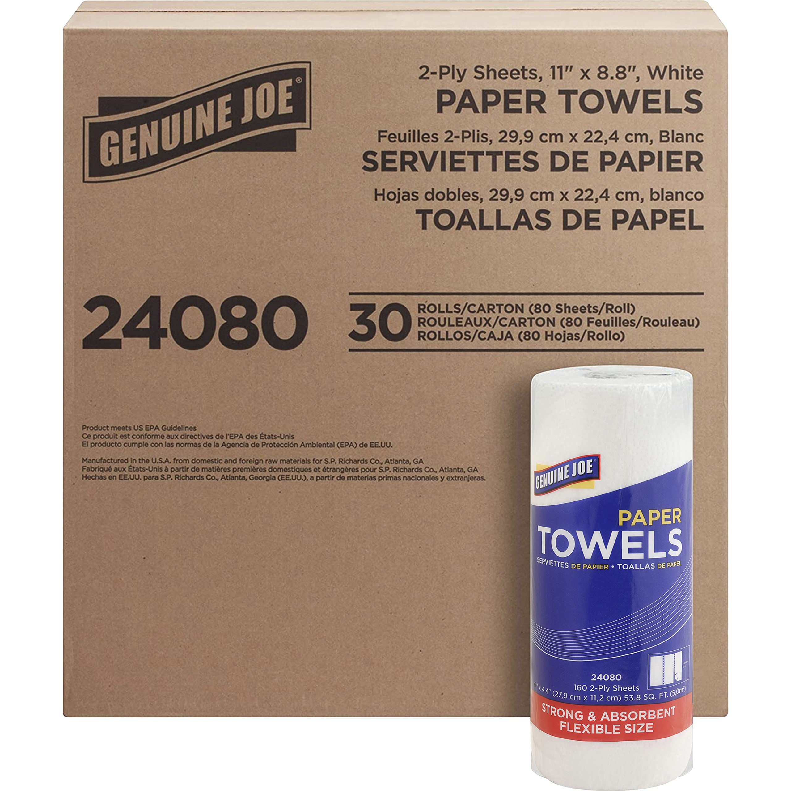 Genuine Joe 24080 Paper Towels Roll, 2-Ply, 80 Sheets/Roll,11-Inch X9-Inch, 30Rl/Ct,We