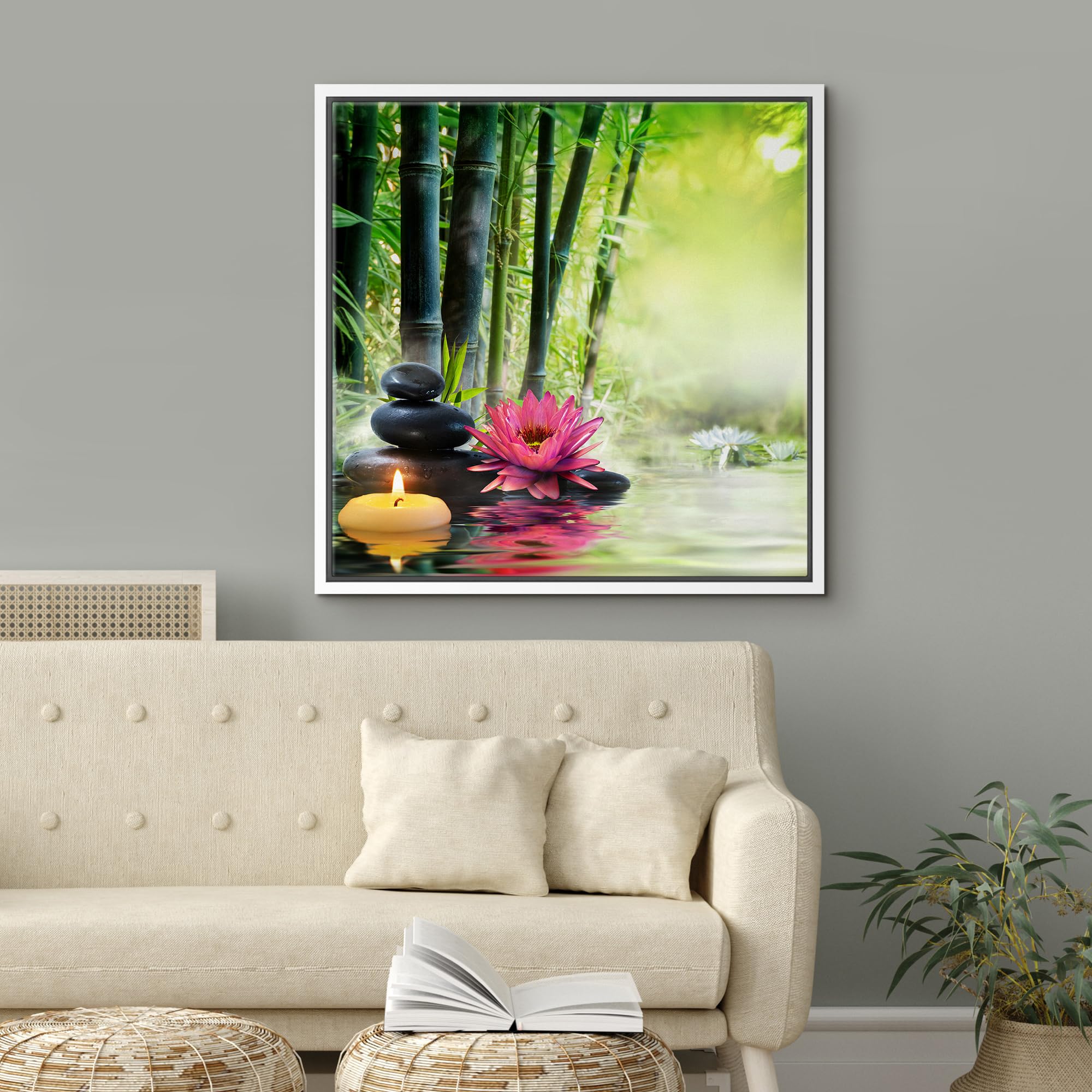 Wall26 Framed Canvas Print Wall Art Water Lily, Zen Stones, Candle & Bamboo Forest Floral Nature Digital Art Modern Art Rustic R