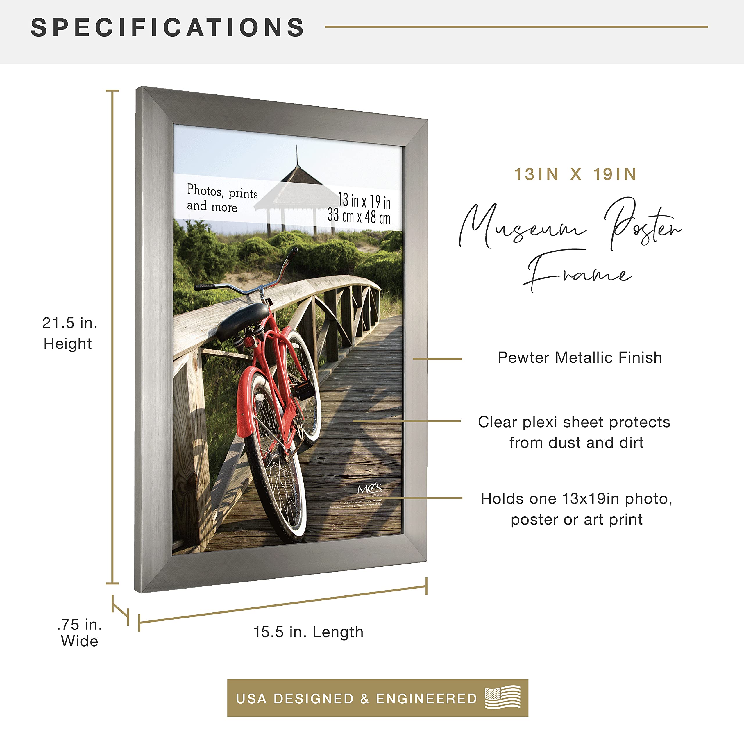 MCS Museum Poster Frame 13x19 Pewter, Vertical & Horizontal Wall Hanging Large Picture Frame for Photos, Posters & Art Prints (1