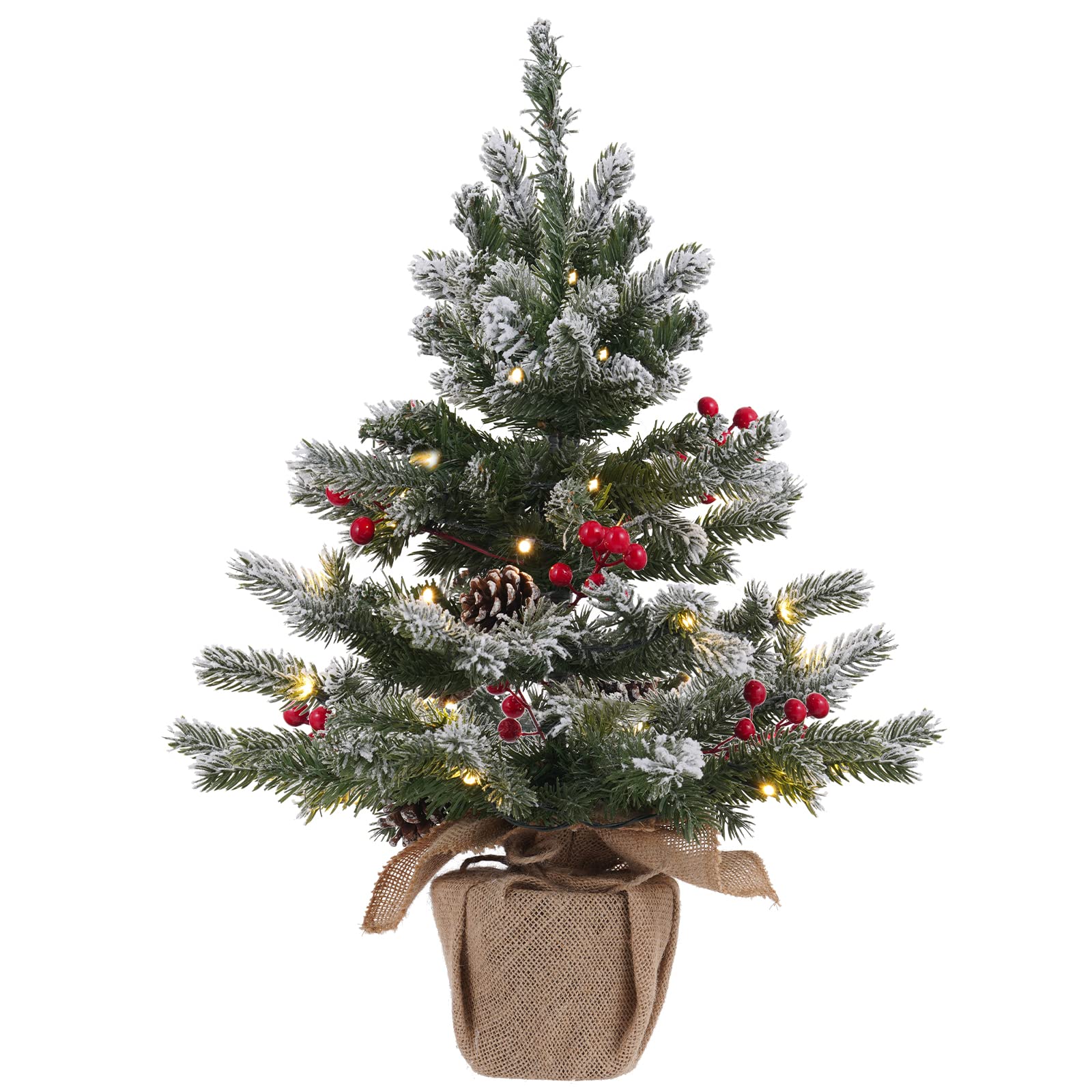 24 Inch 2 FT Pre-lit Snowy Mini Christmas Tree, DECSPAS Small Tabletop Flocked Christmas Tree with 20 LED Lights Red Berries Pin
