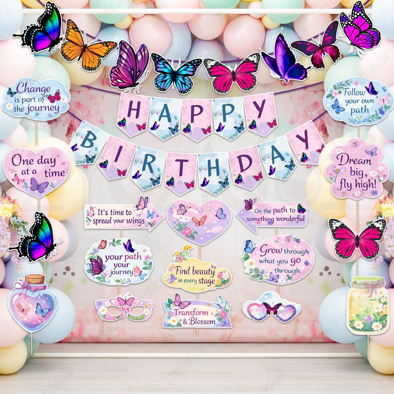 Zyozique Butterfly Theme Party Decorations Set, Birthday Paper Banner, PhotoBooth Props, Pastel Balloons & Character Paper Banne