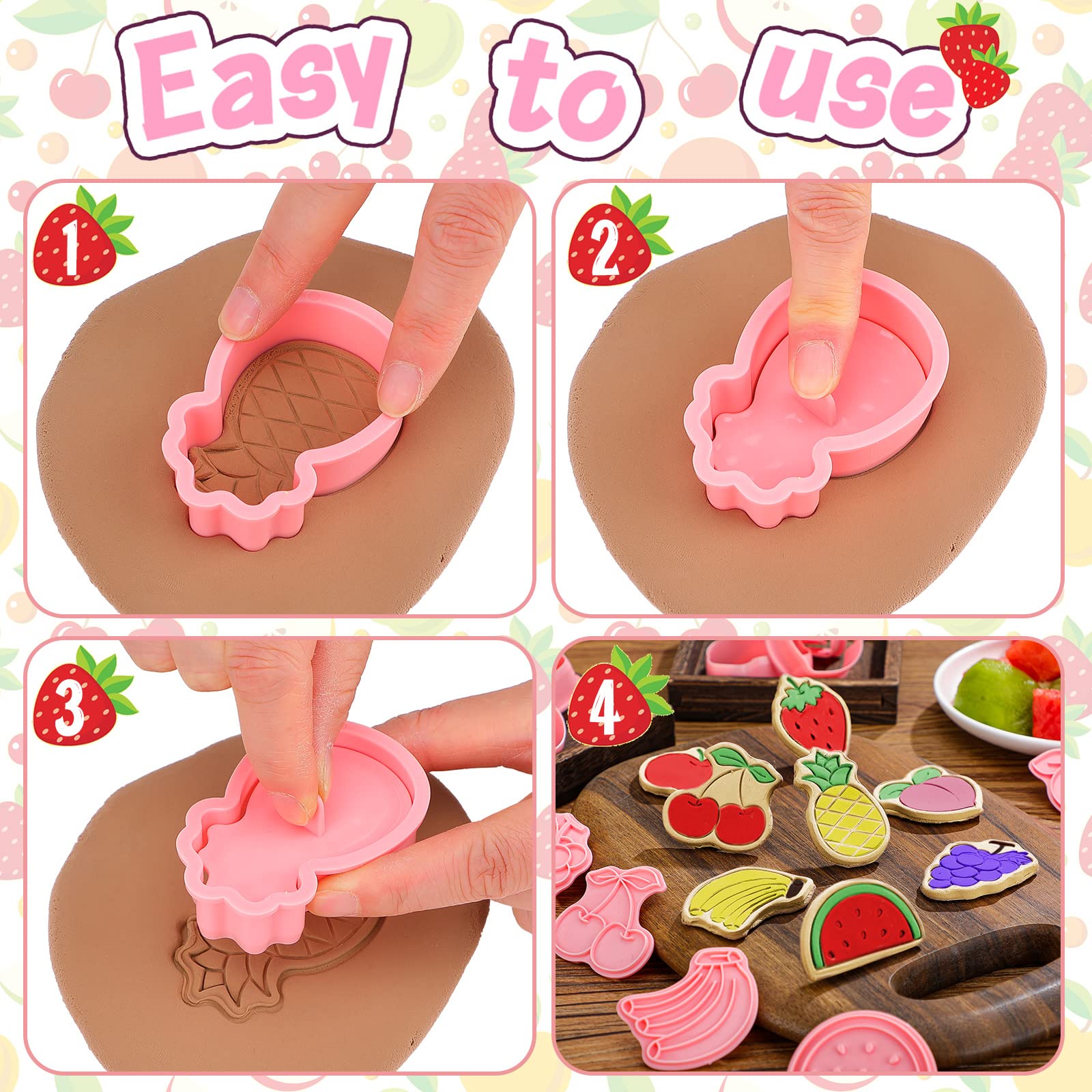 8 Pcs Fruit Cookie Cutters With Plunger Stamps Set 3D Grape Banana Strawberry Pineapple Watermelon Peach Cherry Apple Cookie Cut