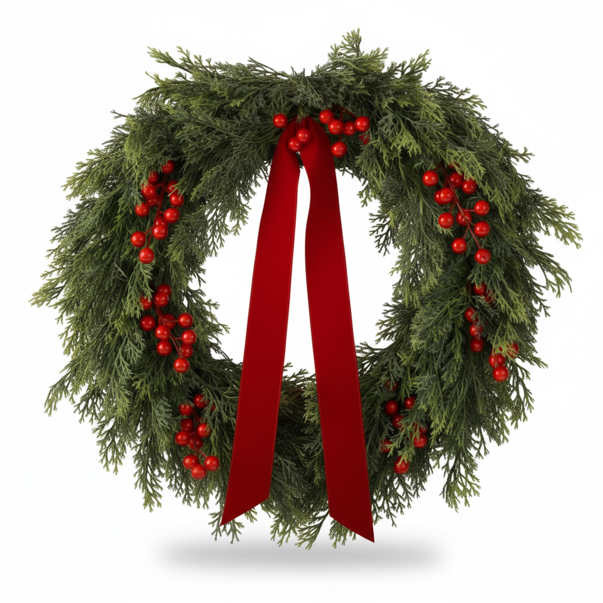 Suncalla 24'' Artificial Cedar Wreath for Front Door Christmas Wreaths Faux Cedar Decorated with Berry and Ribbons Xmas Wreath f