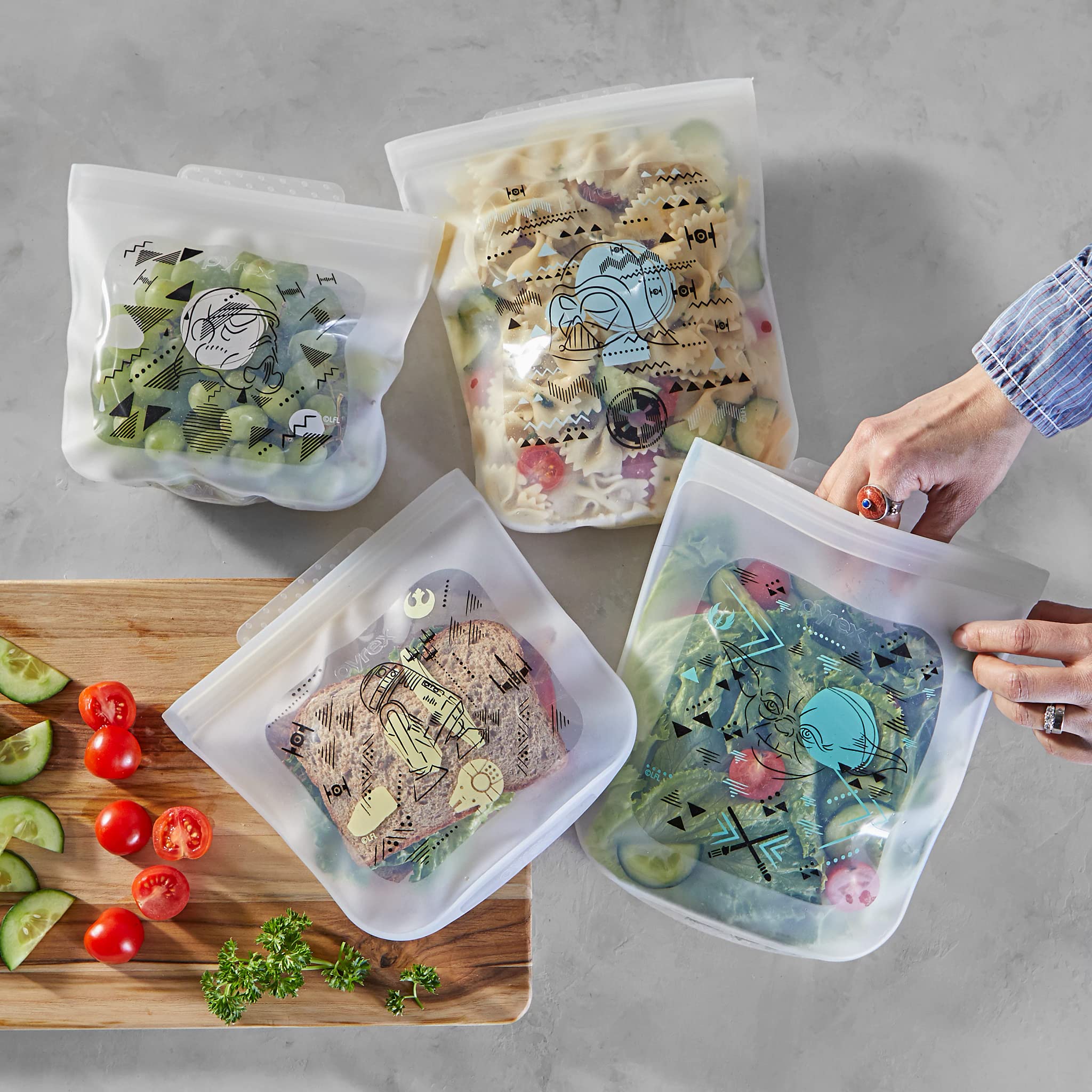 Pyrex Platinum Silicone 4-Pc Storage Set, 2 Reusable Sandwich Bags, 2 Reusable Half-Gallon Freezer Bags, Non-Toxic, Bpa-Free, Ai