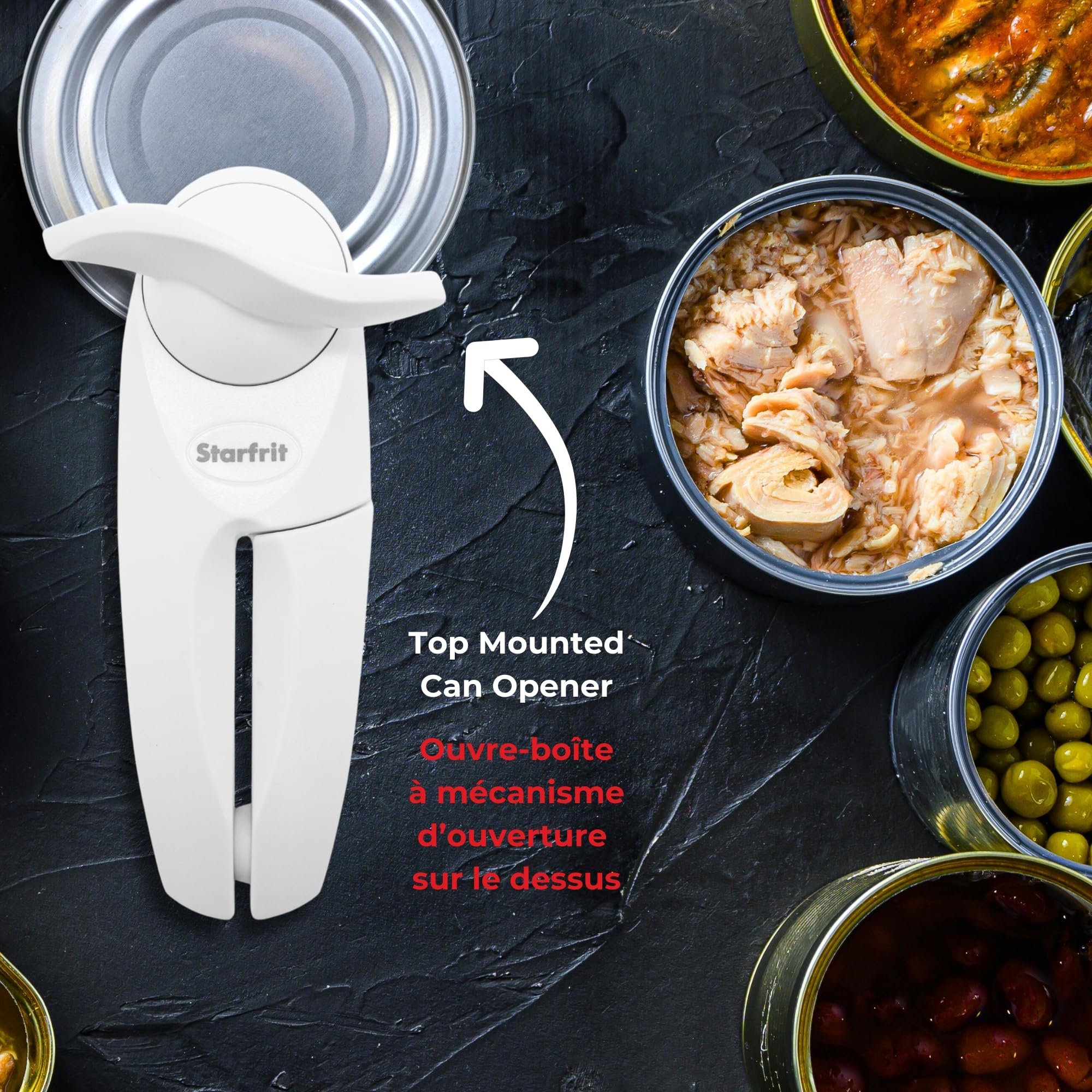 Starfrit Little Beaver Can Opener - Safe - Holds and Leaves No Sharp Edges on Lid - Comfort Grip - 3 year warranty - Red
