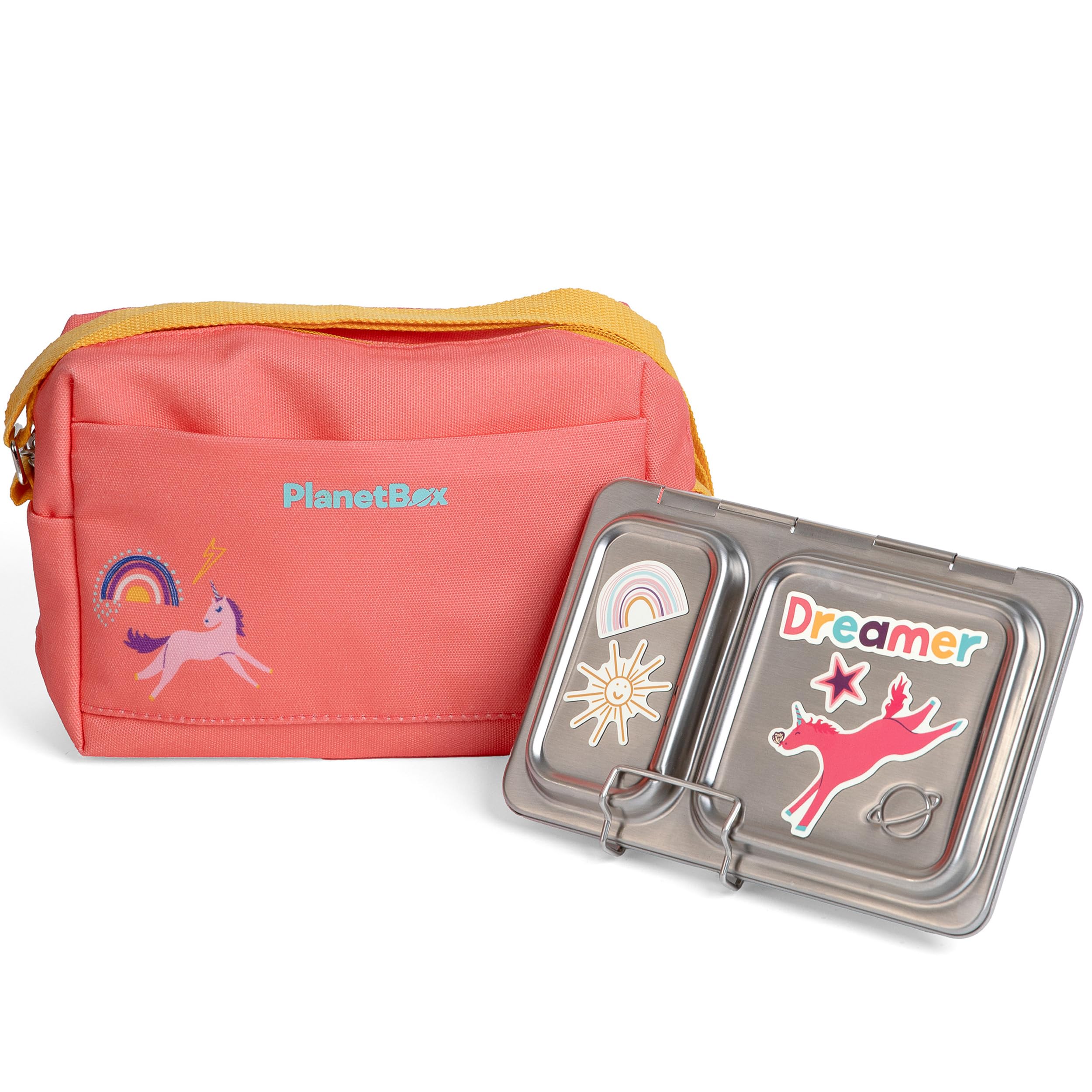 PlanetBox Shuttle Stainless Steel Bento Box Style Lunch Box Kit for Youth with 2 Compartments - Unicorn Rainbow Edition includes