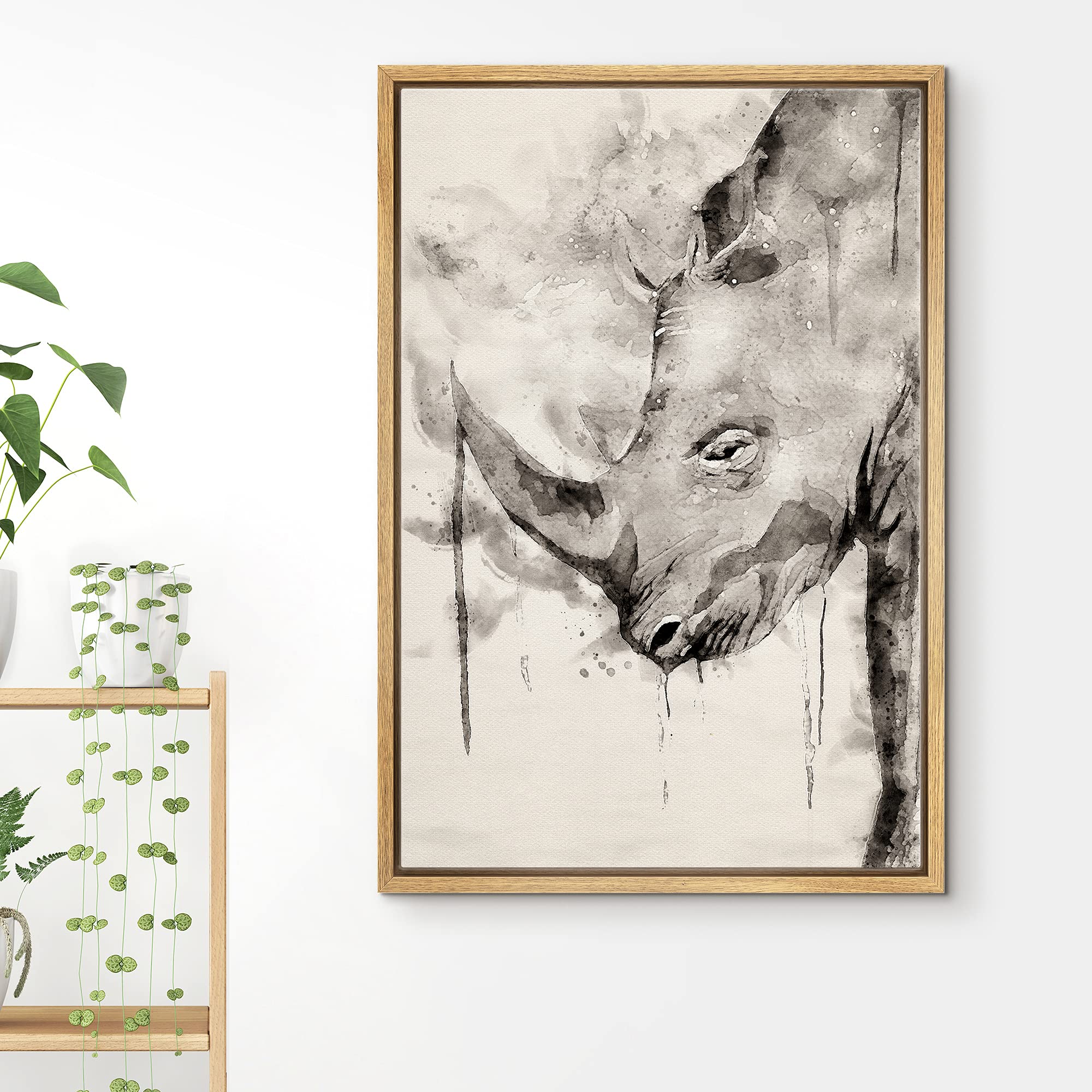 Bestdeal Depot Framed Canvas Print Wall Art Vintage Watercolor Drip Rhino Portrait Nature Animals Illustrations Modern Art Portr