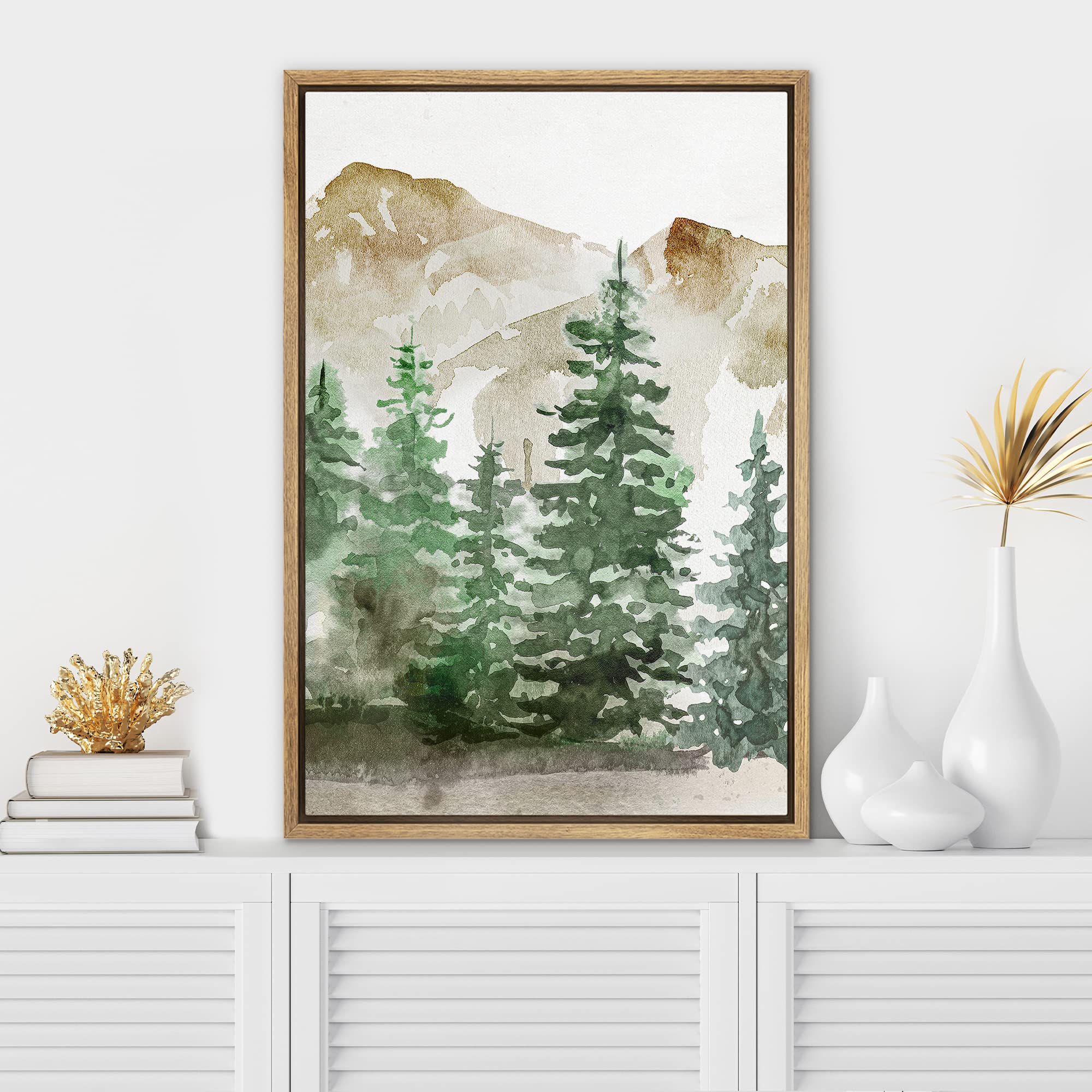Signwin Framed Canvas Print Wall Art Woodland Nursery Decor Duotone Orange Green Mountain Pine Forest Nature Illustrations Moder