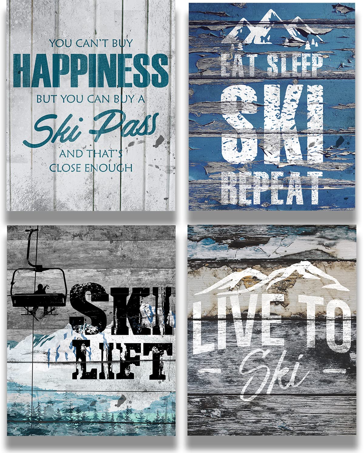 Ski Cabin Decor - Set Of 4 Skiing Wall Art Images - Rustic Wall Decor For Mountain House, Lodge Or Cabin - Gift For Skiers And S