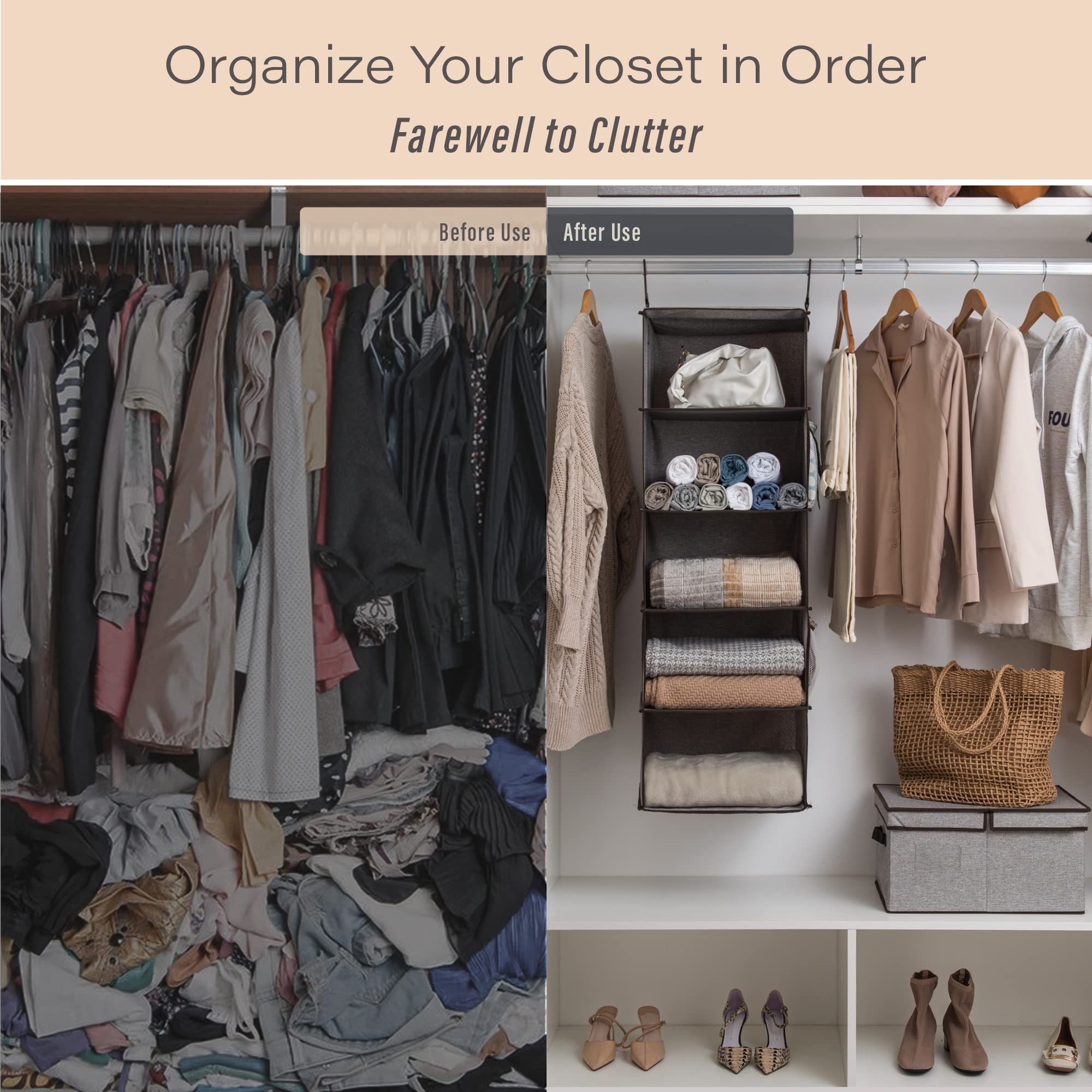 StorageWorks 5-Shelf Jumbo Hanging Storage Closet  Hanging Organizer for Closet Rod  Hanging Cloth Organizer Storage  Canvas  Gray  13'' D x 15'' W x 47