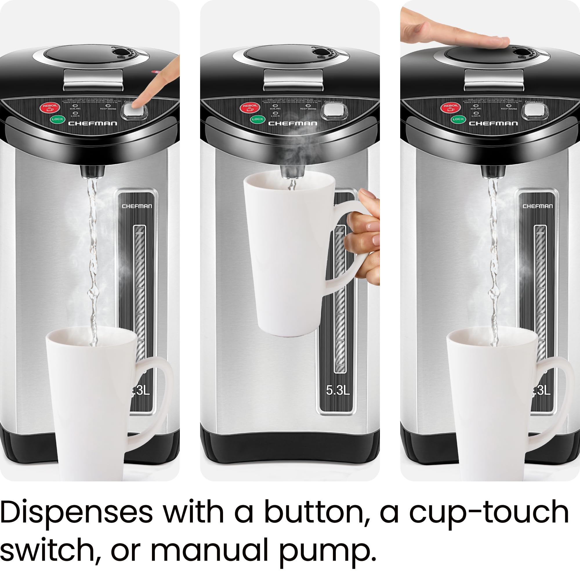 Chefman Electric Hot Water Pot Urn W/Auto & Manual Dispense Buttons, Safety Lock, Instant Heating For Coffee & Tea, Auto-Shutoff
