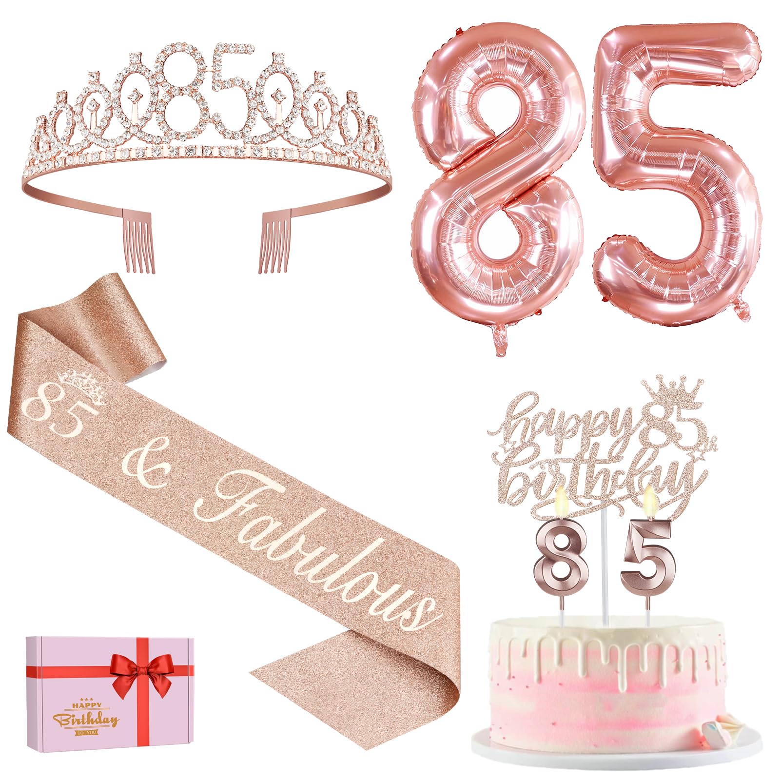 85Th Birthday Party Decorations, Including 85Th Birthday Sash And Crown, 85 Birthday Candles And Cake Topper, 85 Birthday Balloo