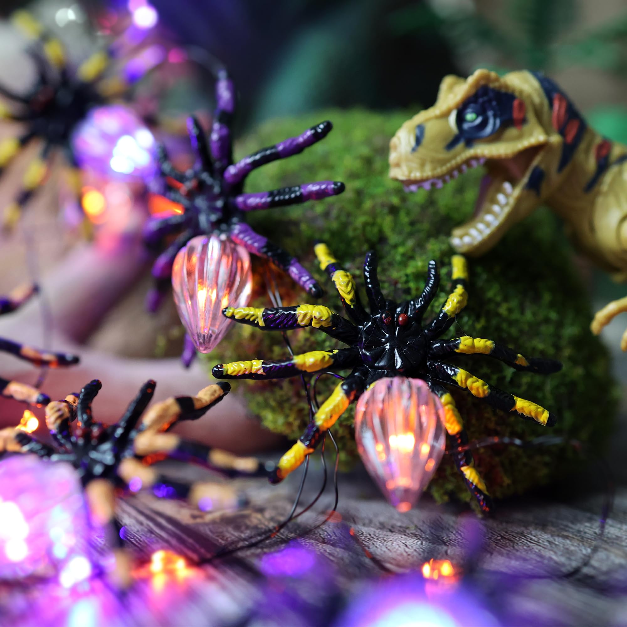 Belniak Spooky Glowing Spider Halloween Lights-Purple Orange 10FT String with 15 3D Spiders-Waterproof Battery Operated Fairy Li