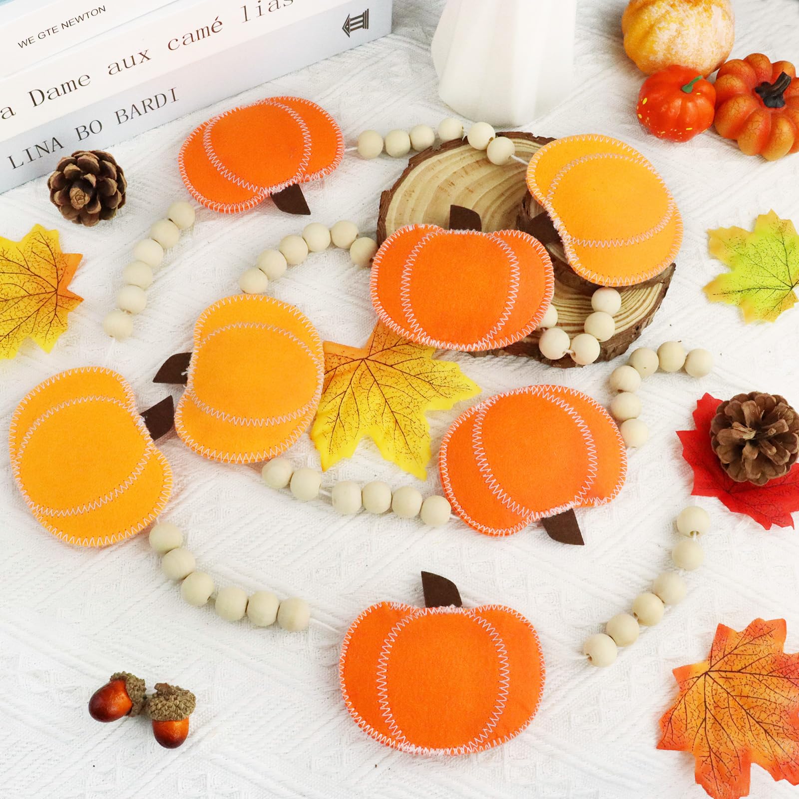 Thanksgiving Decorations Pumpkin Garland, Adjustable Wood Bead Felt Pumpkins Hanging Garland, Fall Banner for Home Mantel Firepl
