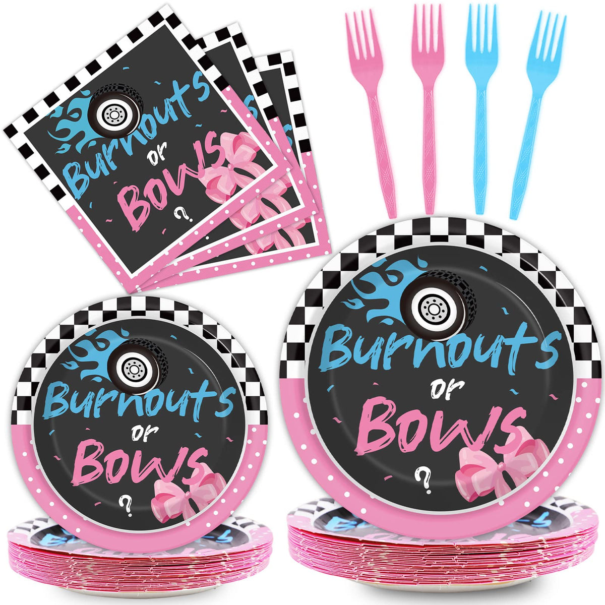 Chiazllta 96 Pcs Gender Reveal Burnouts Or Bows Party Plate And Napkins Supplies Disposable Boys Or Girls Tableware Decor Baby S