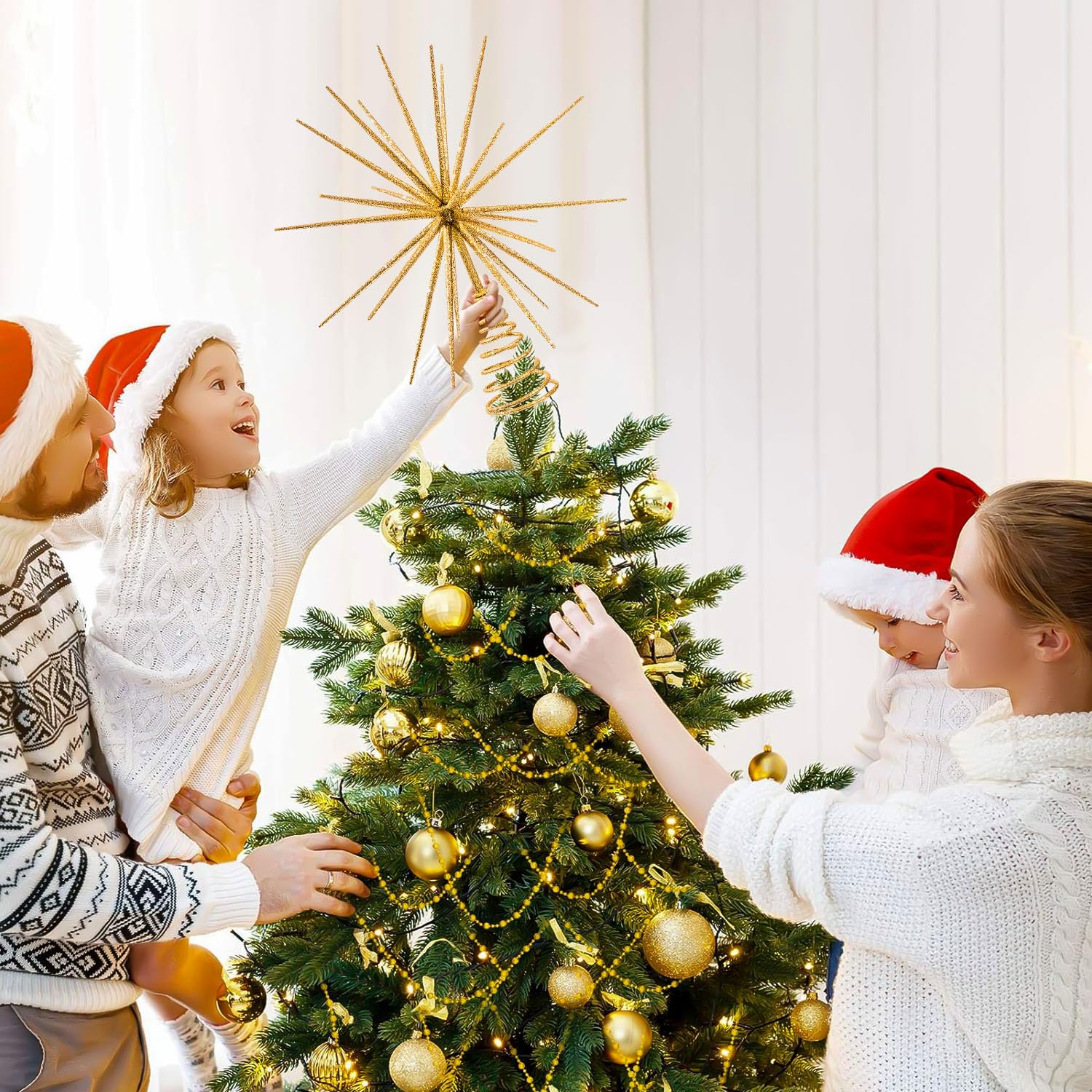 13.7 Inch Gold Christmas Tree Topper - 3D Burst Gold Tree Topper, Exploding Star Christmas Tree New Year Holiday Tree Decoration