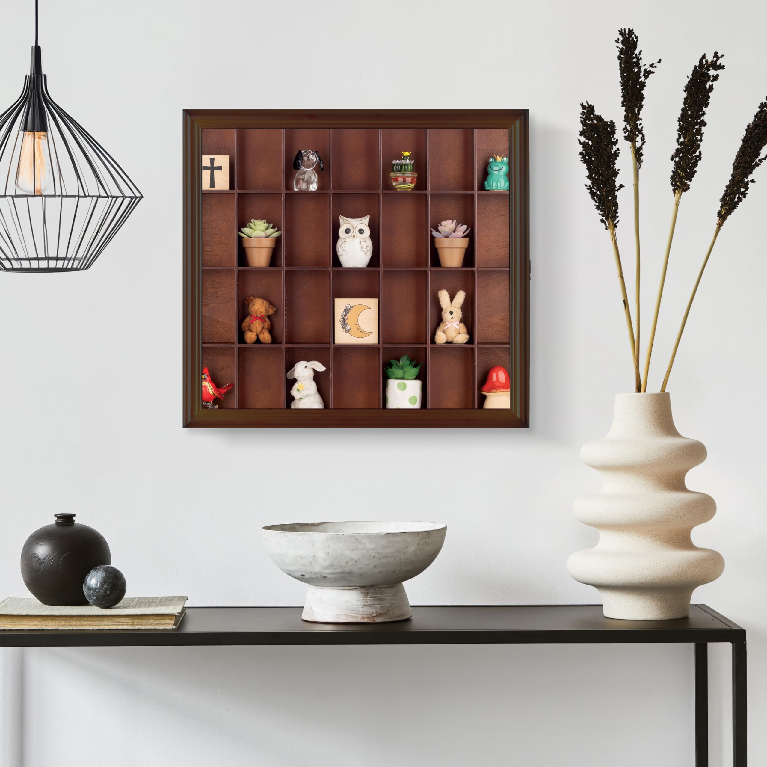 Gallery Solutions - 18X16 Shot Glass Collection - Display Case - Hinged Front - Shot Glass Collection - Cherry Walnut - 28 Shot