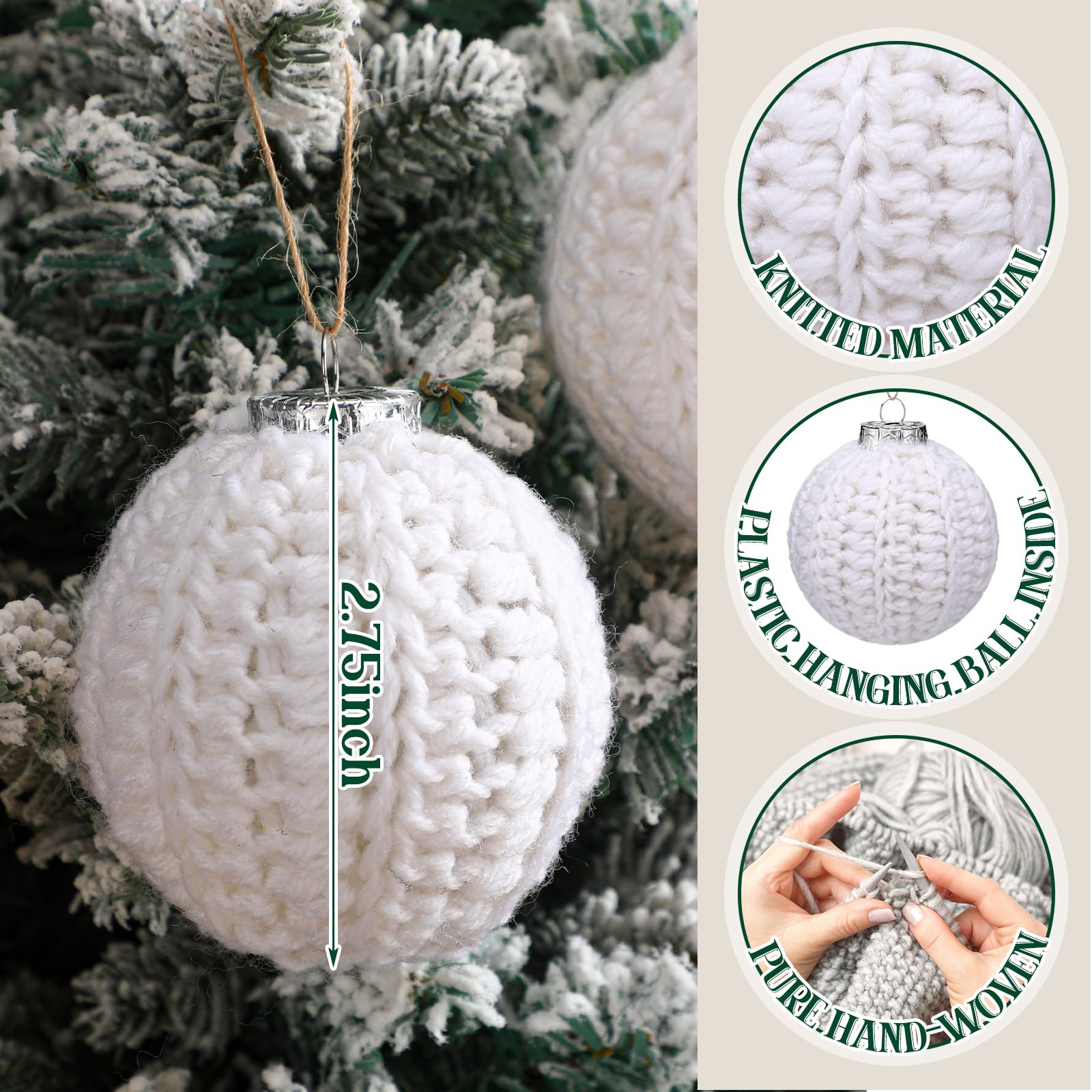 Vercraft 6 Pcs 2.75 Inch Crochet Christmas Ornaments Balls Christmas Knitted Ornaments Neutral Hanging Decoration Handmade Croch