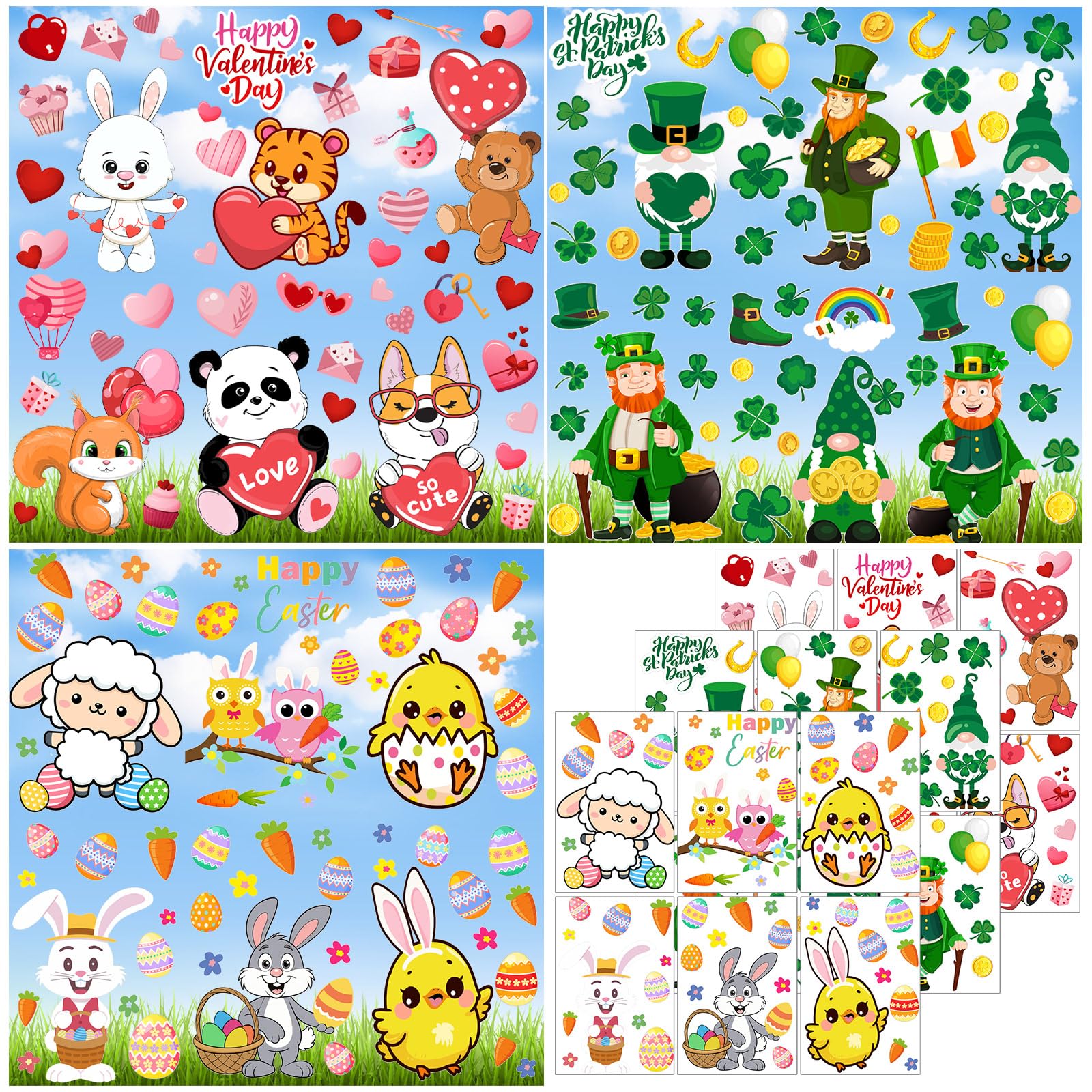 Cholemy 18 Sheets St Patricks Window Cling Set Double Sided Holiday Window Cling Irish Shamrock Clover Decorations for Valentine
