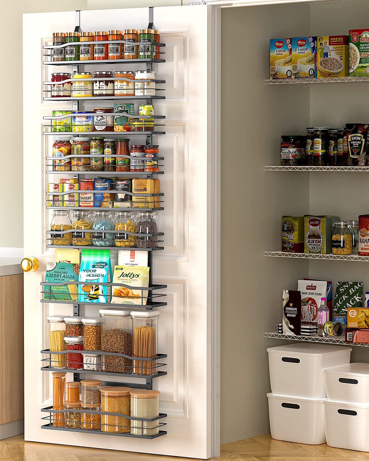 Moforoco 9-Tier Over The Door Pantry Organizer, Pantry Organization And Storage, Black Hanging Basket Wall Spice Rack Seasoning