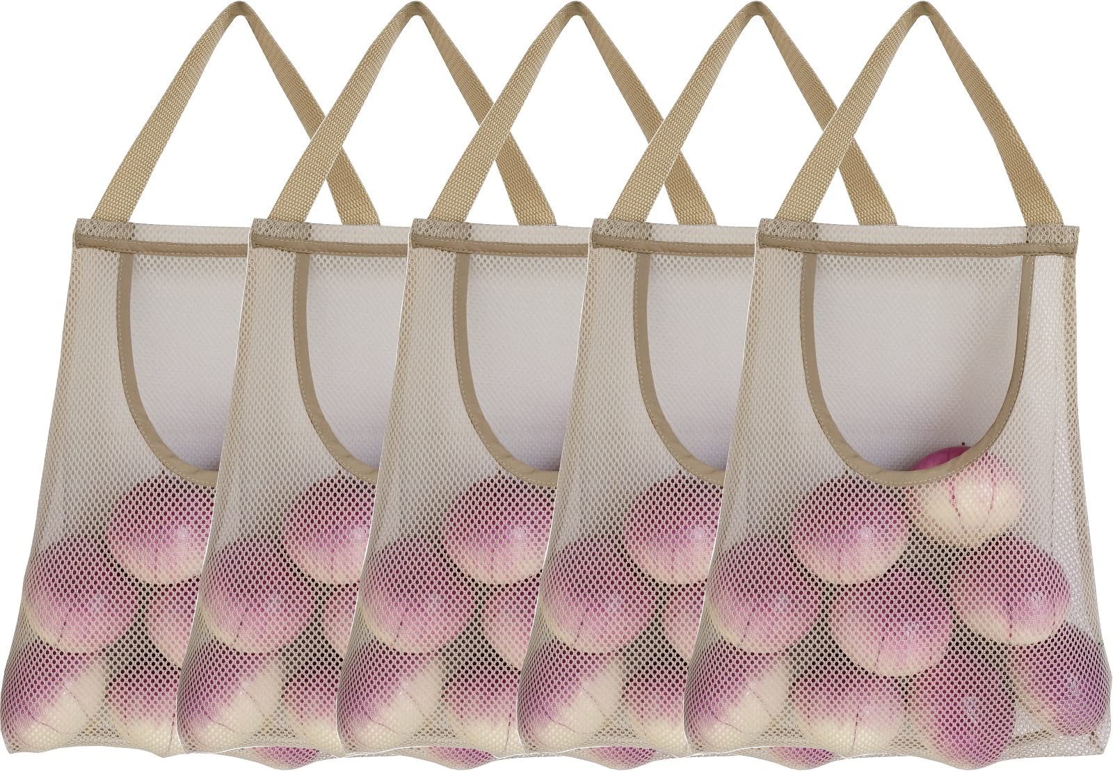 5 Pack Hanging Mesh Storage Bags Potatoes Bag Onion Mesh Garlic Net Long and Large Reusable Net Storage Produce Bags for Kitchen